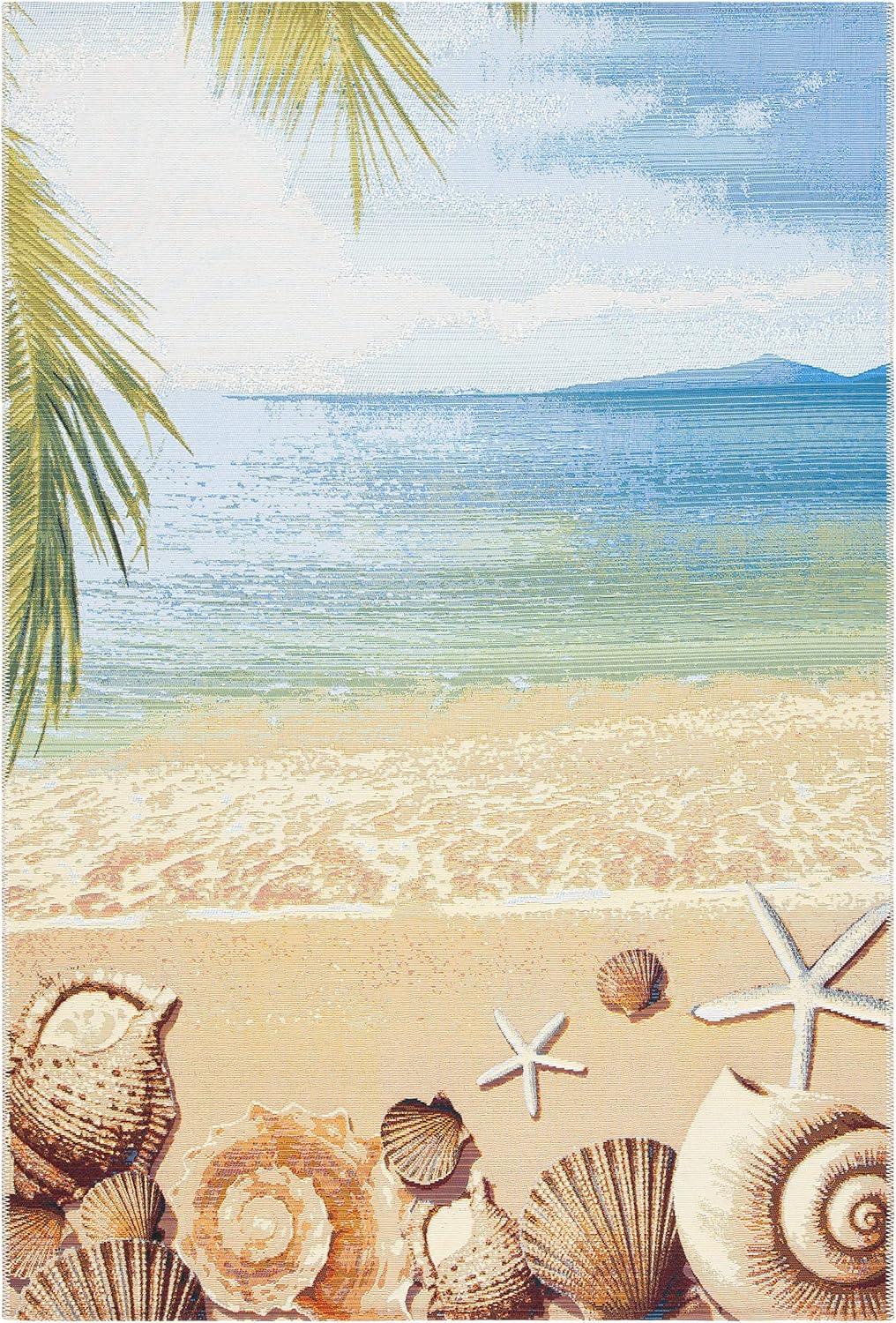 SAFAVIEH Barbados Sea Shells Outdoor Area Rug, 4' x 6', Gold/Blue