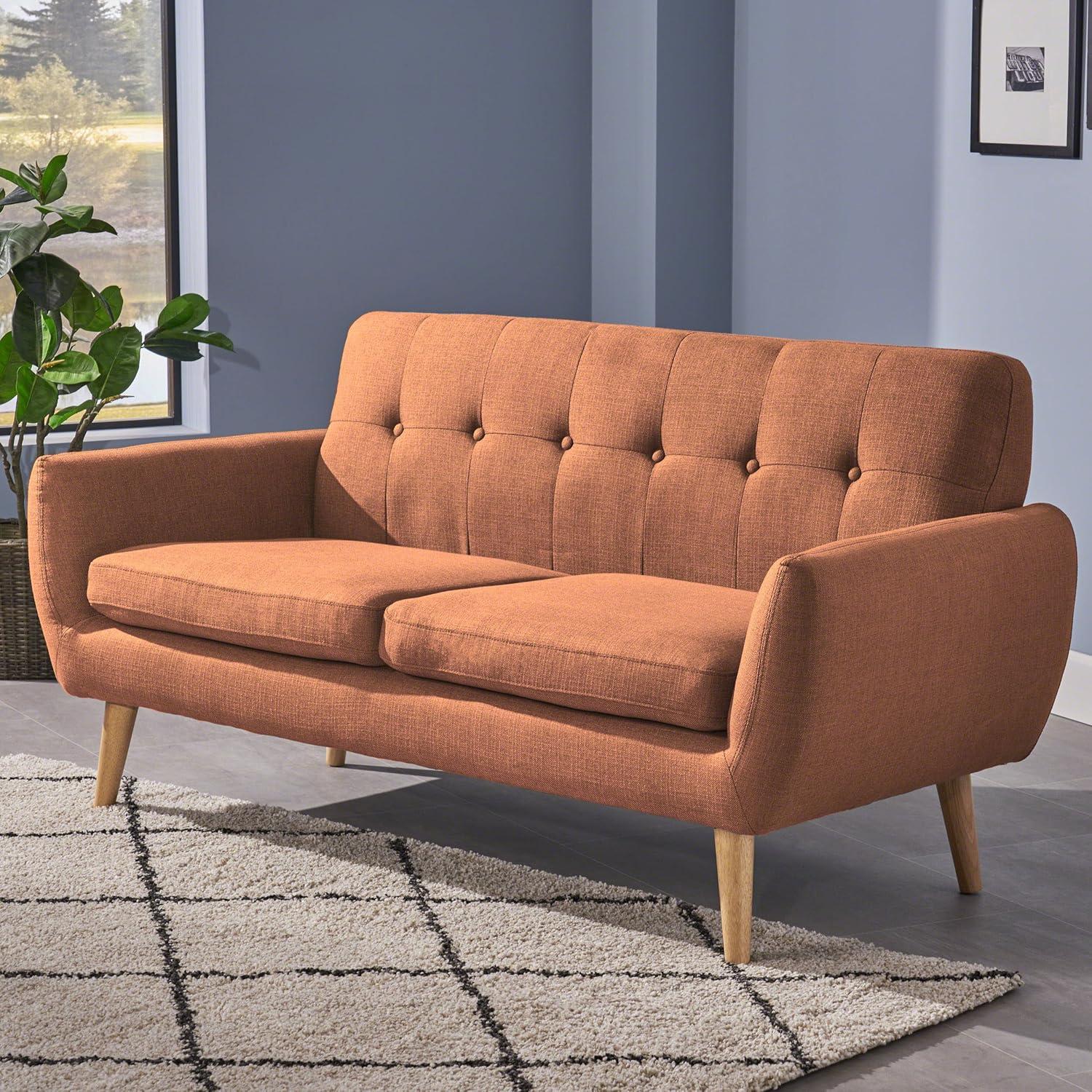 GDFStudio Sheena Mid Century Modern 67.25 " Upholstered Tufted 2 Seater Sofa, Burnt Orange/Natural Oak