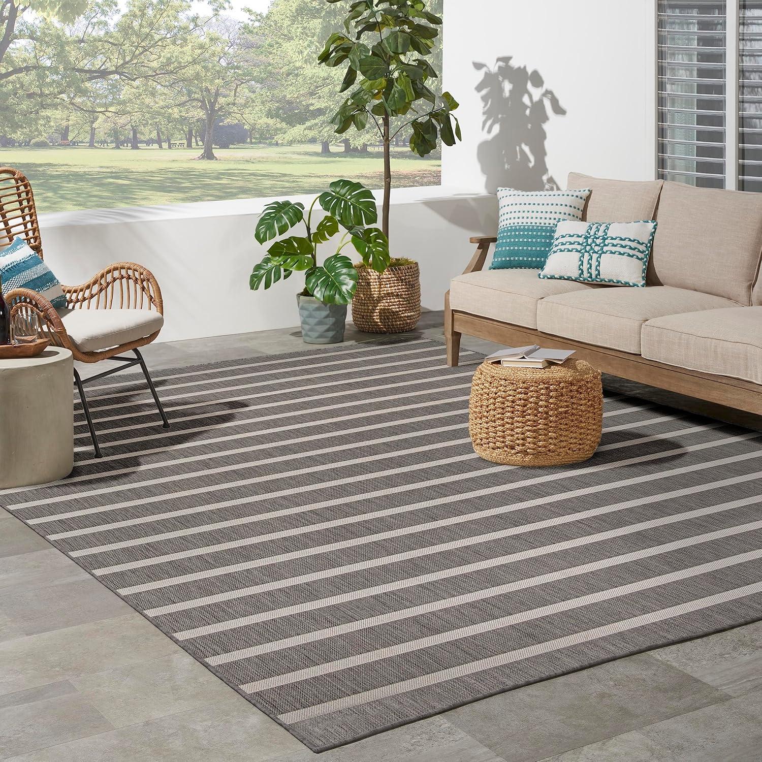 Charcoal Ivory Striped Flatweave 8' x 10' Outdoor Rug