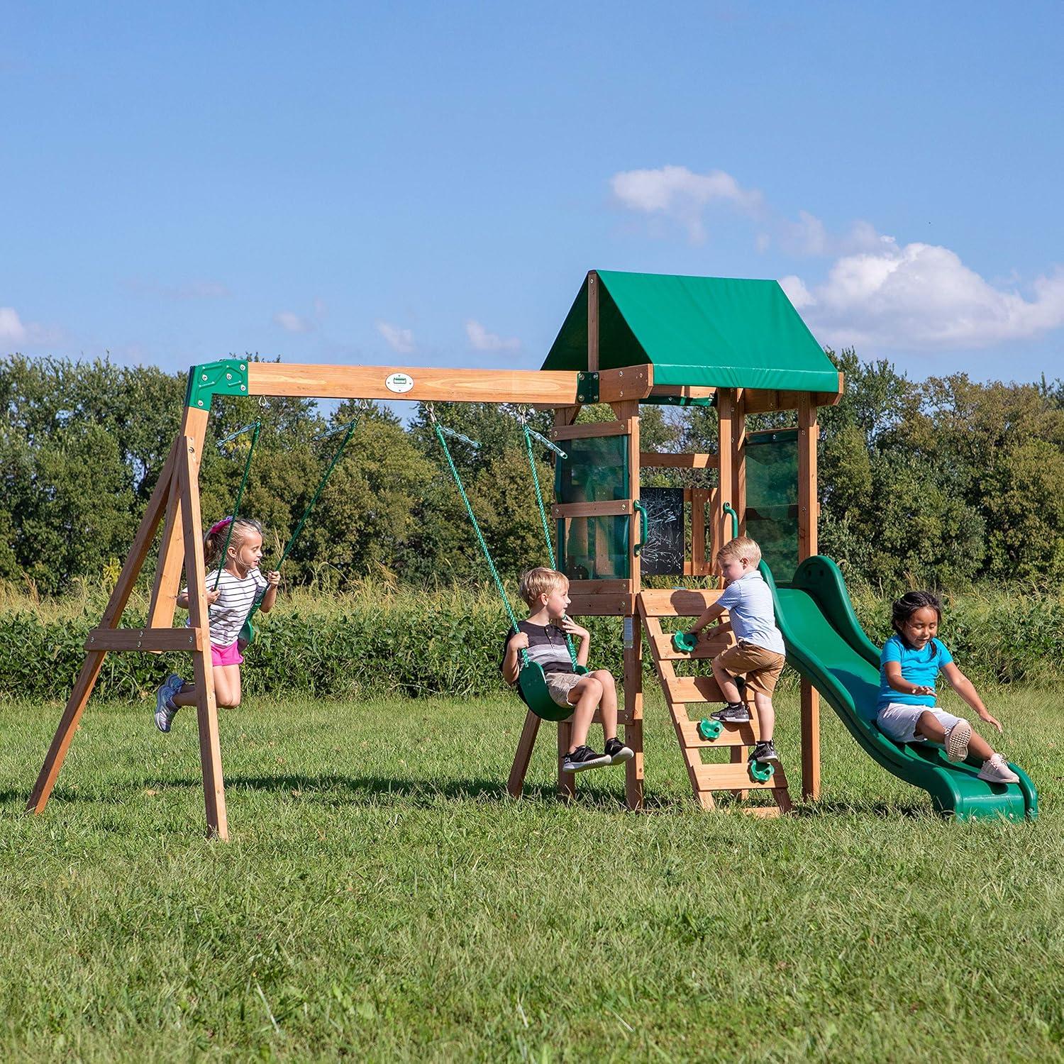 Backyard Discovery Buckley Hill Cedar Wood Swing Set with Wave Slide, Play Deck, Rock Wall Ladder, and Chalkboard & Reviews | Wayfair