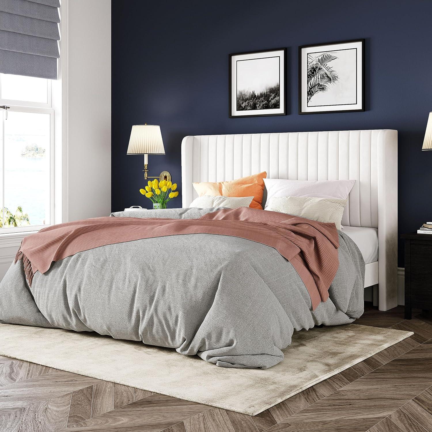 Candler Velvet Upholstered Platform Bed with Wingback Headboard and Wooden Slats