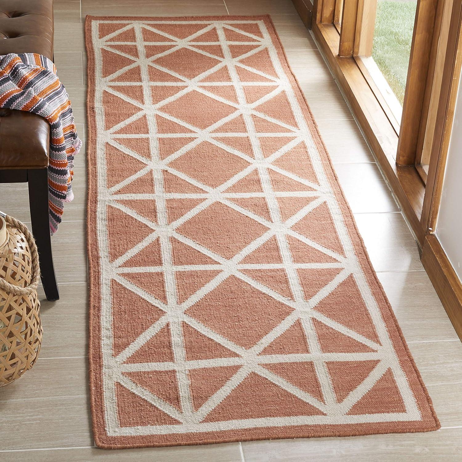 Purple and Ivory Geometric Flat Woven Wool Runner Rug