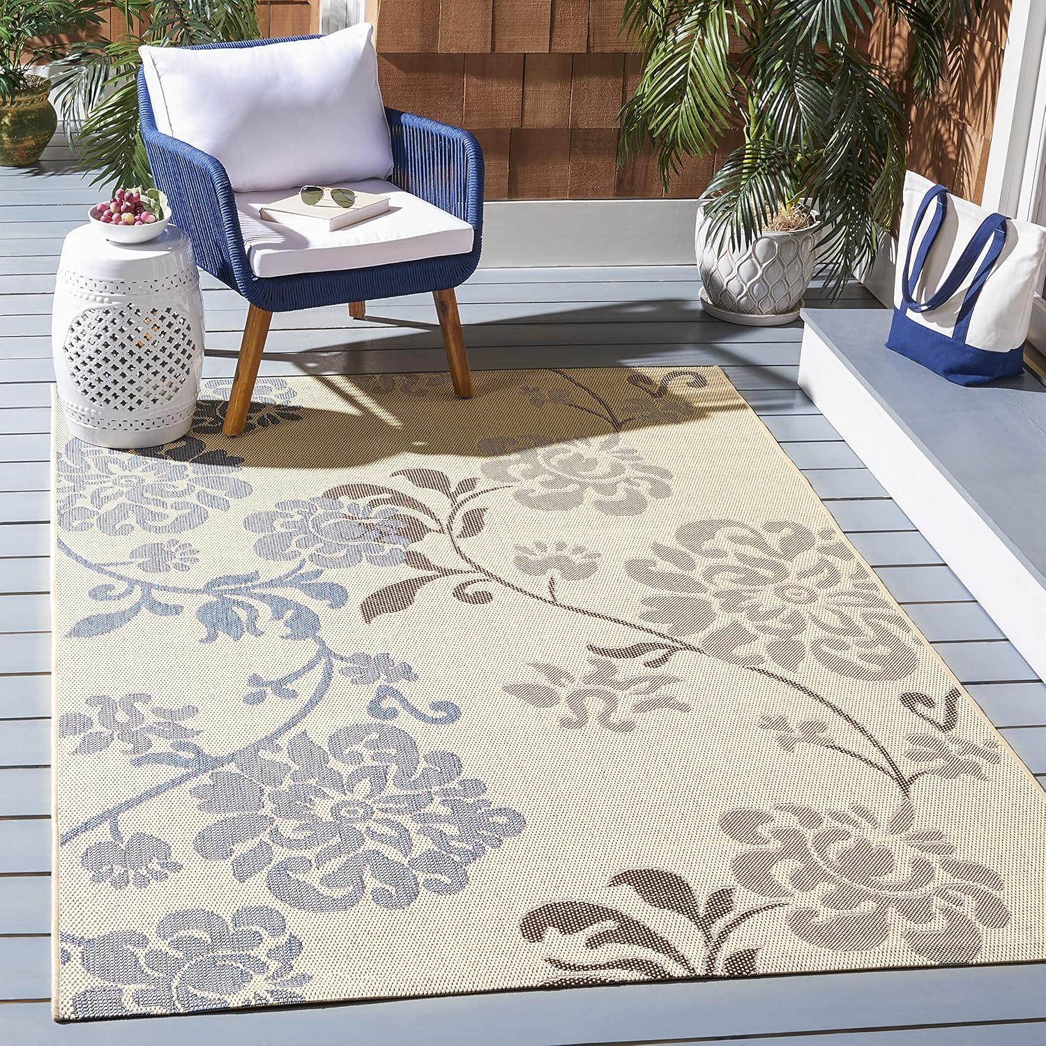 SAFAVIEH Courtyard Cindy Floral Indoor/Outdoor Area Rug, 5'3" x 7'7", Natural Brown/Blue