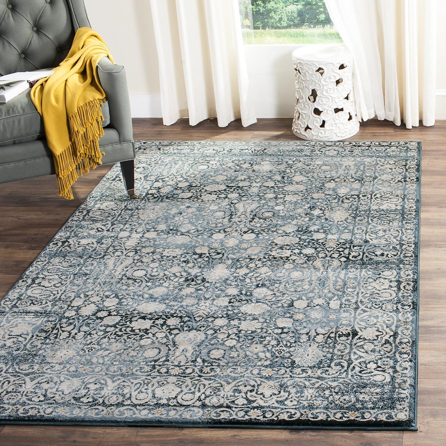 Blue and Ivory Rectangular Synthetic Oriental Rug 63" x 39"