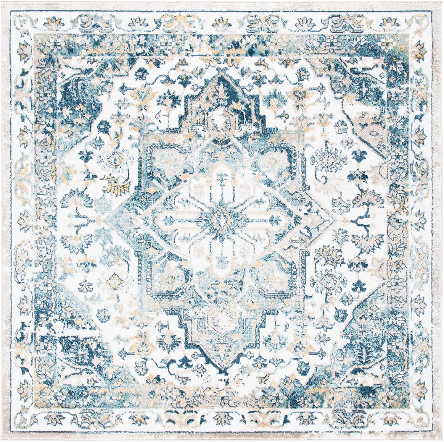 Ivory and Navy Square Medallion Stain-Resistant Synthetic Rug