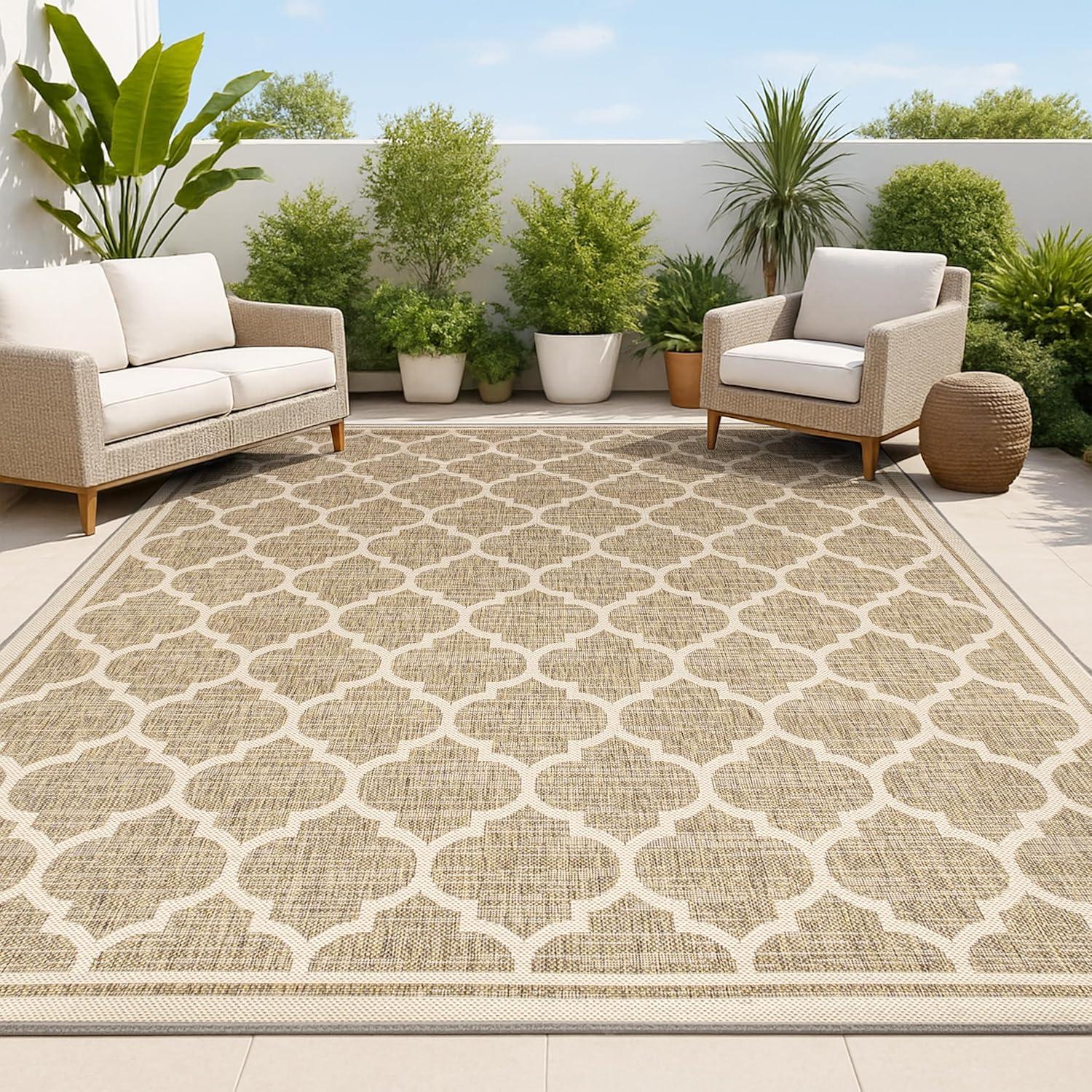 9' X 12' Trebol Moroccan Trellis Textured Weave Indoor/Outdoor Area Rug, Brown/Beige - JONATHAN Y