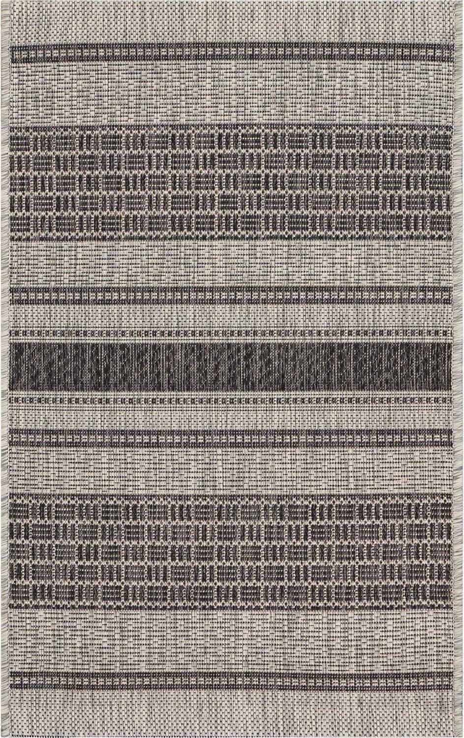 Grey and Black Stripe Synthetic Rectangular Rug