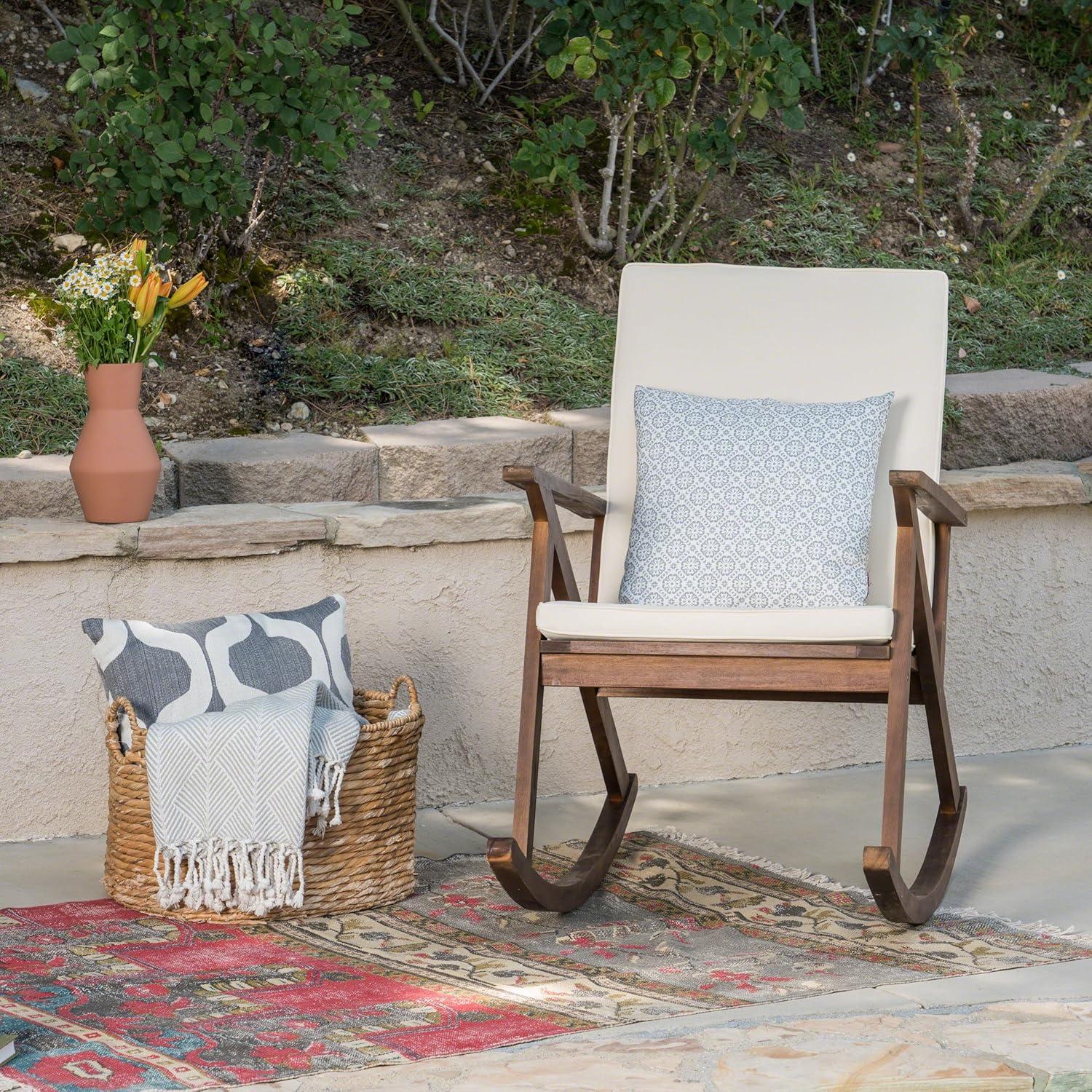 Louise Dark Brown Acacia Wood Rocking Chair with Cream Cushions