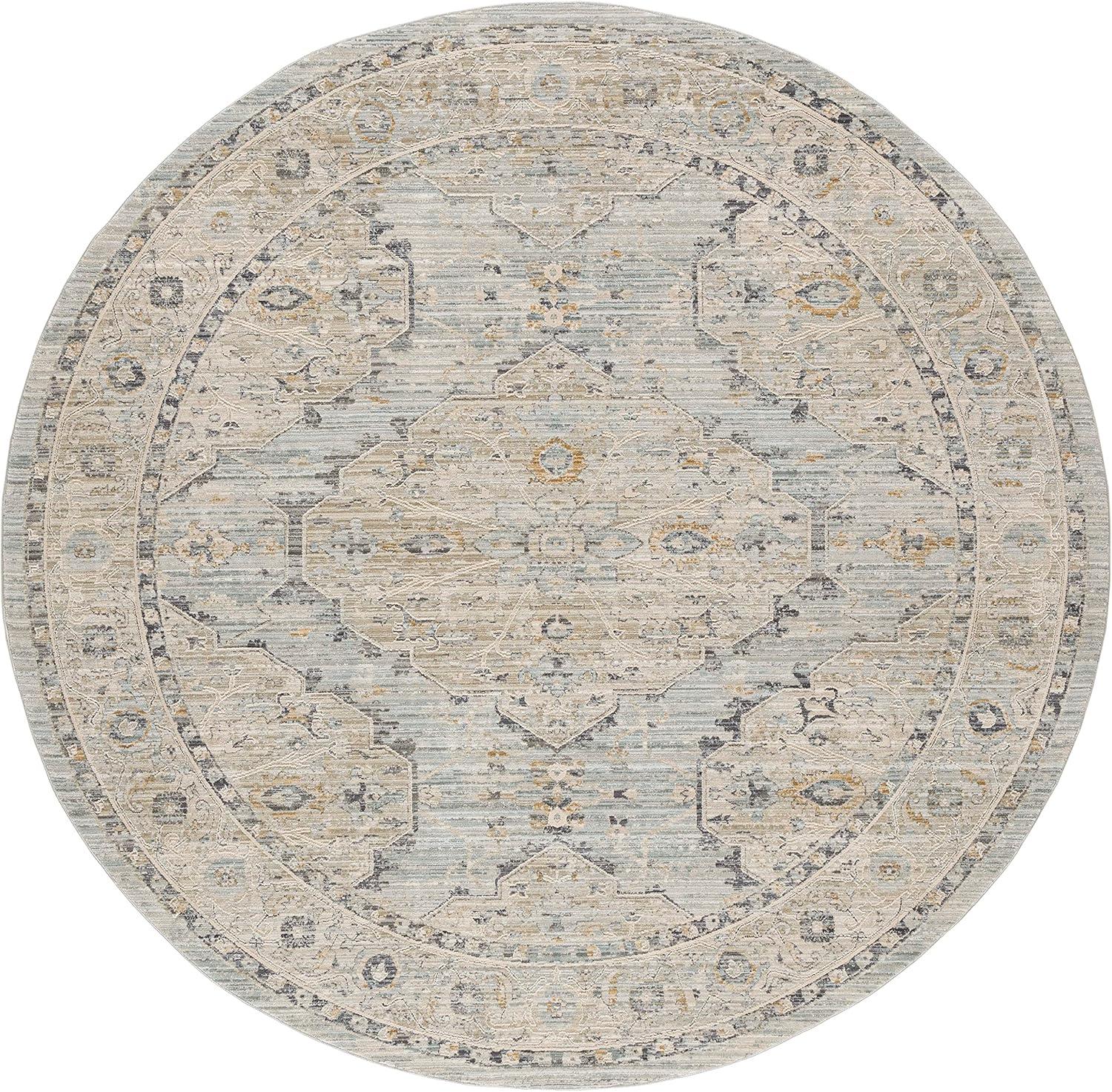 Nyle Light Blue and Beige Round Synthetic Area Rug