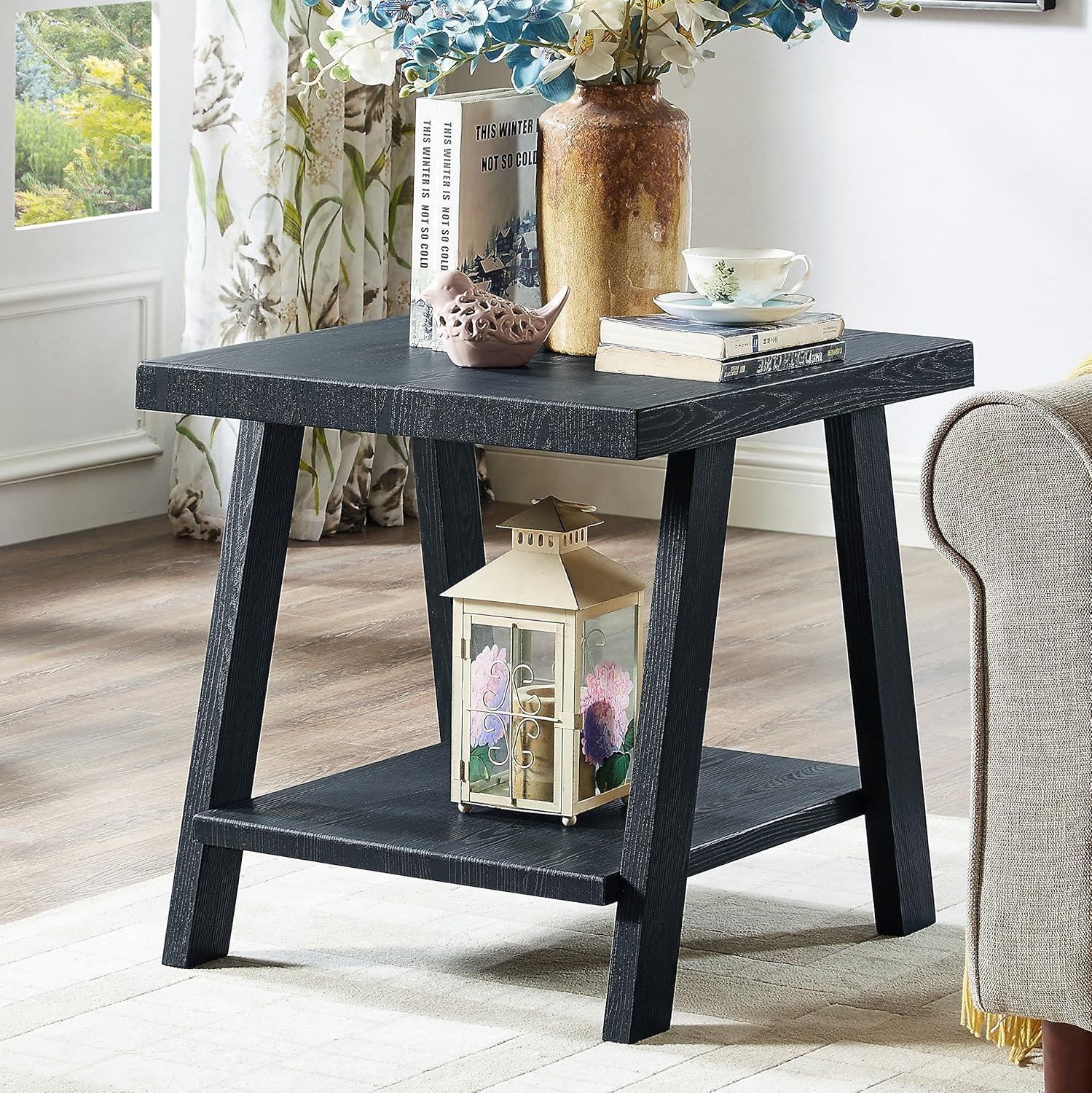 Athens 24"x48" Contemporary Wood Shelf Coffee Table Set, Black