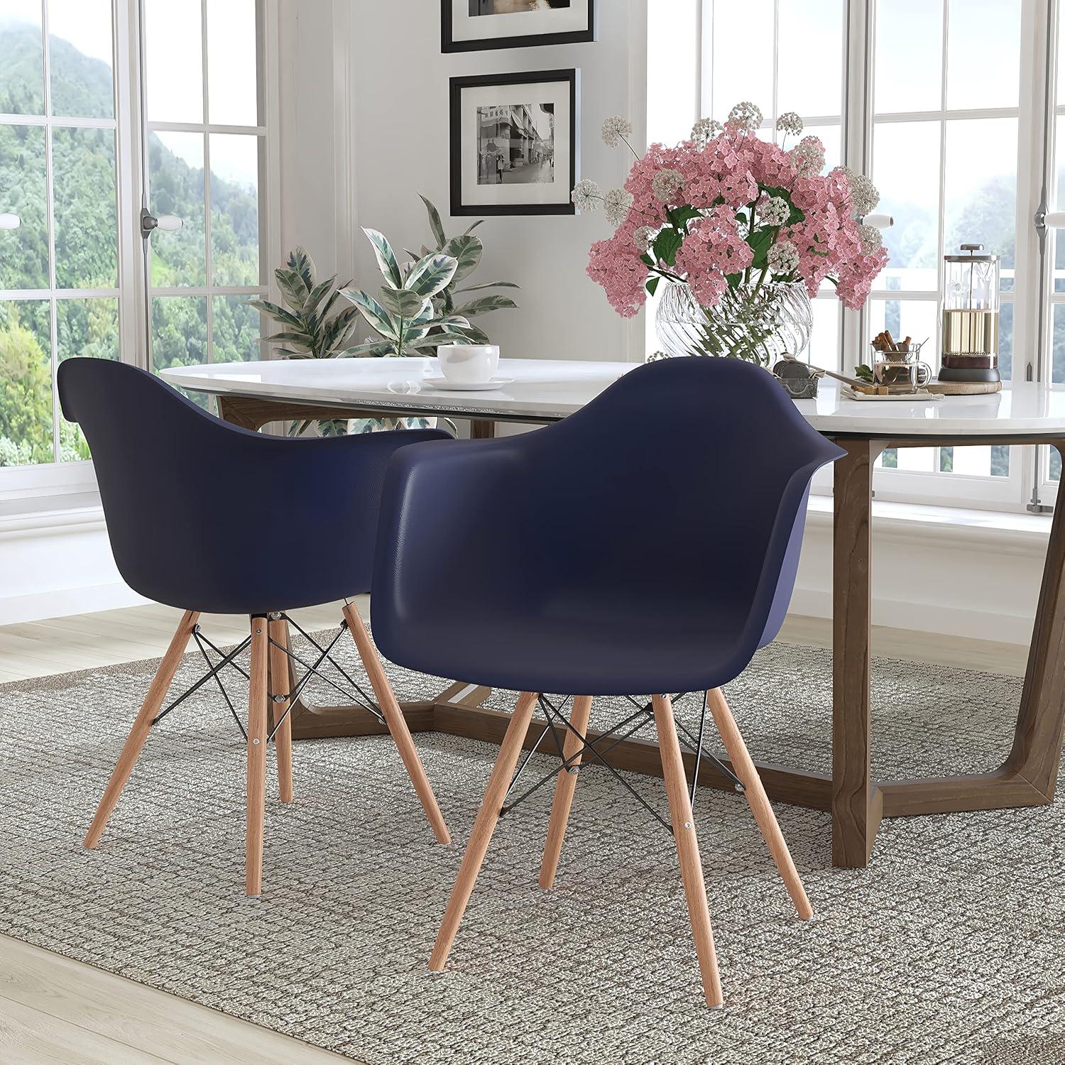 2 Pack Alonza Series Navy Plastic Chair with Wooden Legs
