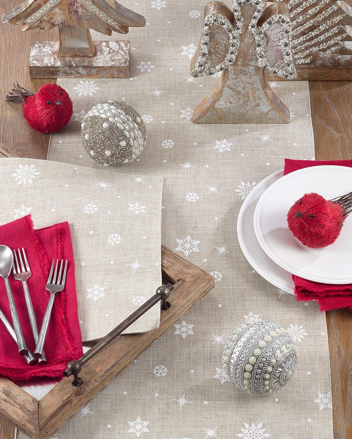 Saro Lifestyle Poly And Linen Blend Christmas Placemats With Snowflake Design (Set of 4), 13"x19", Beige