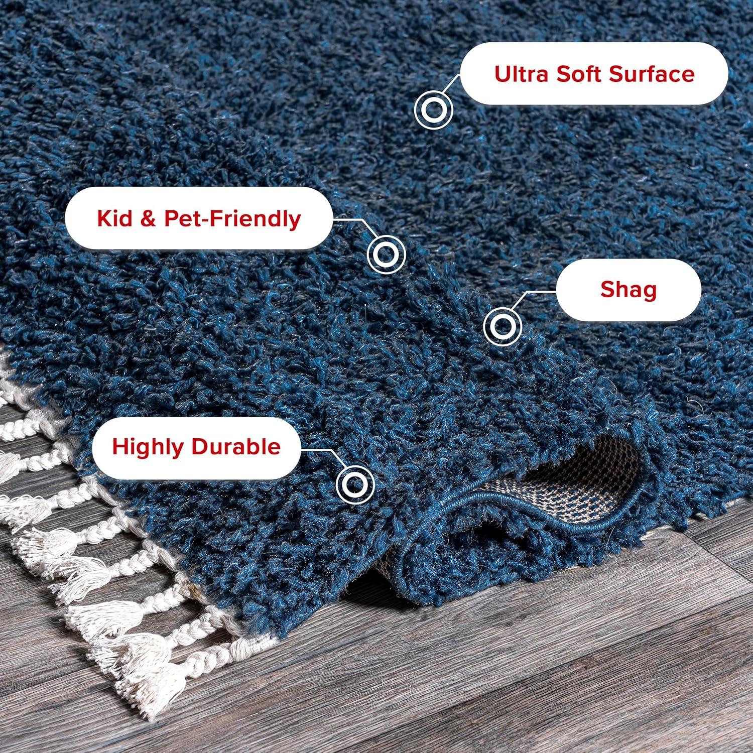 Blue Braided Reversible Shag Area Rug with Tassels