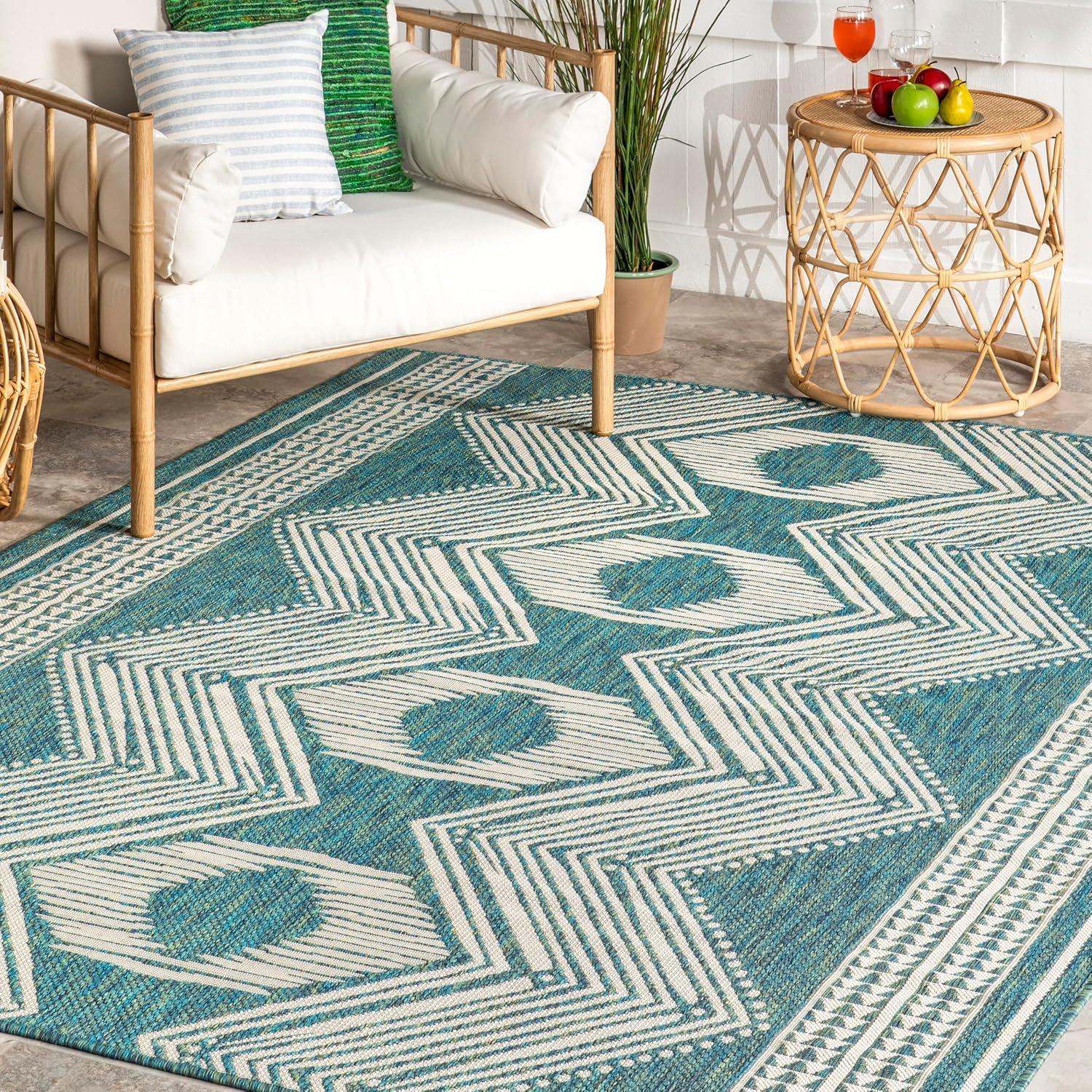 Nuloom 8x10 Outdoor/Indoor Ranya Bohmeian Area Rug, Teal, Geometric , Stain Resistant, Highly Durable, Patio, Balcony, BedroomLiving Room, Kitchen