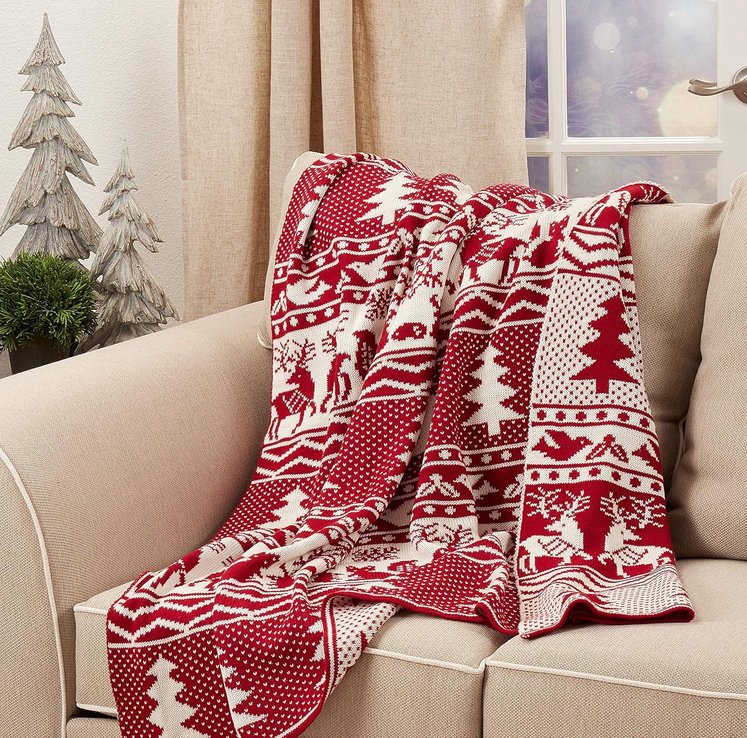 50"x60" Reindeer & Christmas Tree Knit Throw Blanket Red - Saro Lifestyle: Cozy Holiday Decor, Festive Warmth