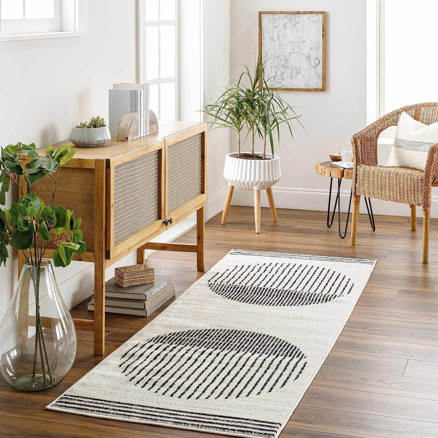 Black and Off-White Striped Polypropylene Runner Rug