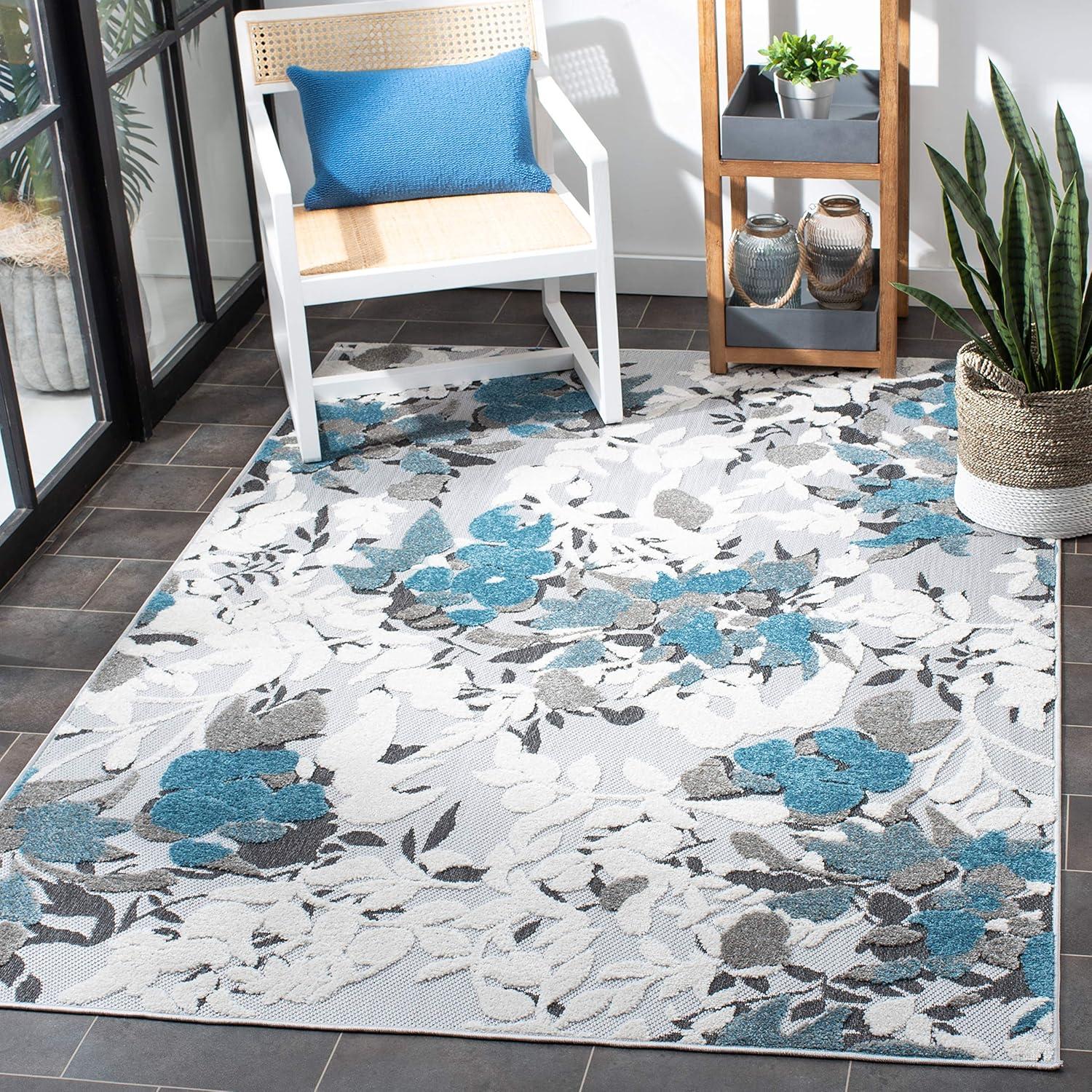 Beige and Blue Floral Synthetic 9' x 12' Area Rug