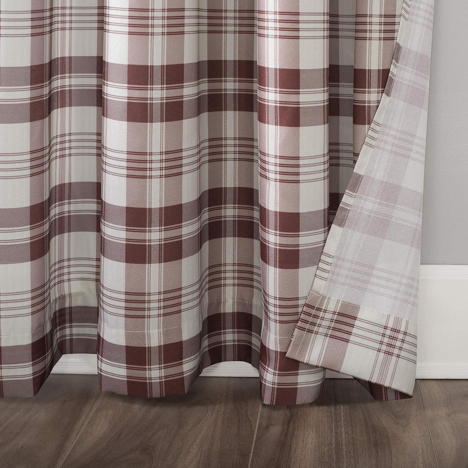 No. 918 Blair Farmhouse Plaid Semi-Sheer Tab Top Curtain Panel, 52" x 84", Red/Ecru Off-White