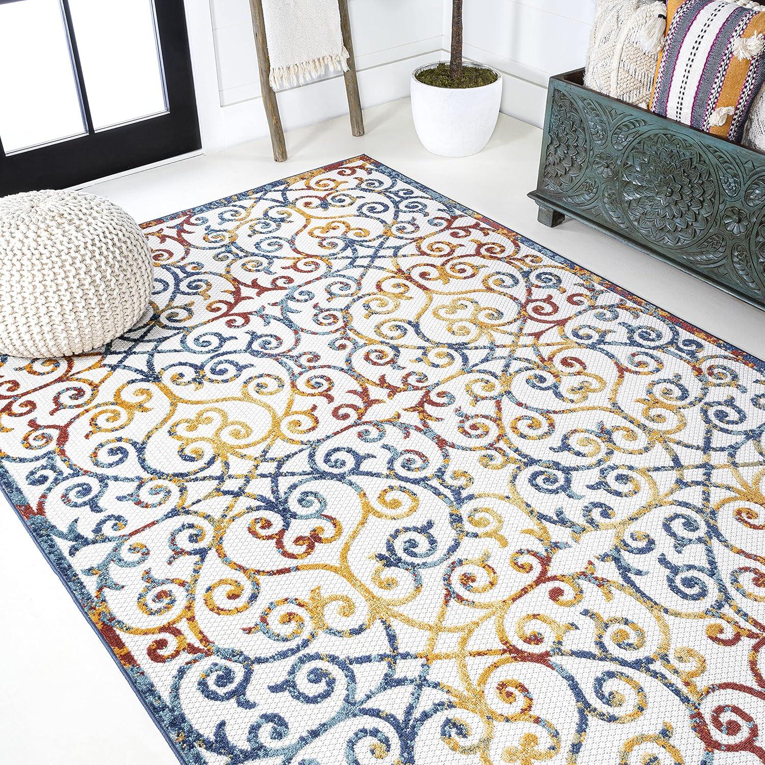 3'x5' Atrani Scroll Trellis Indoor/Outdoor Area Rug, Cream/Blue/Red - JONATHAN Y