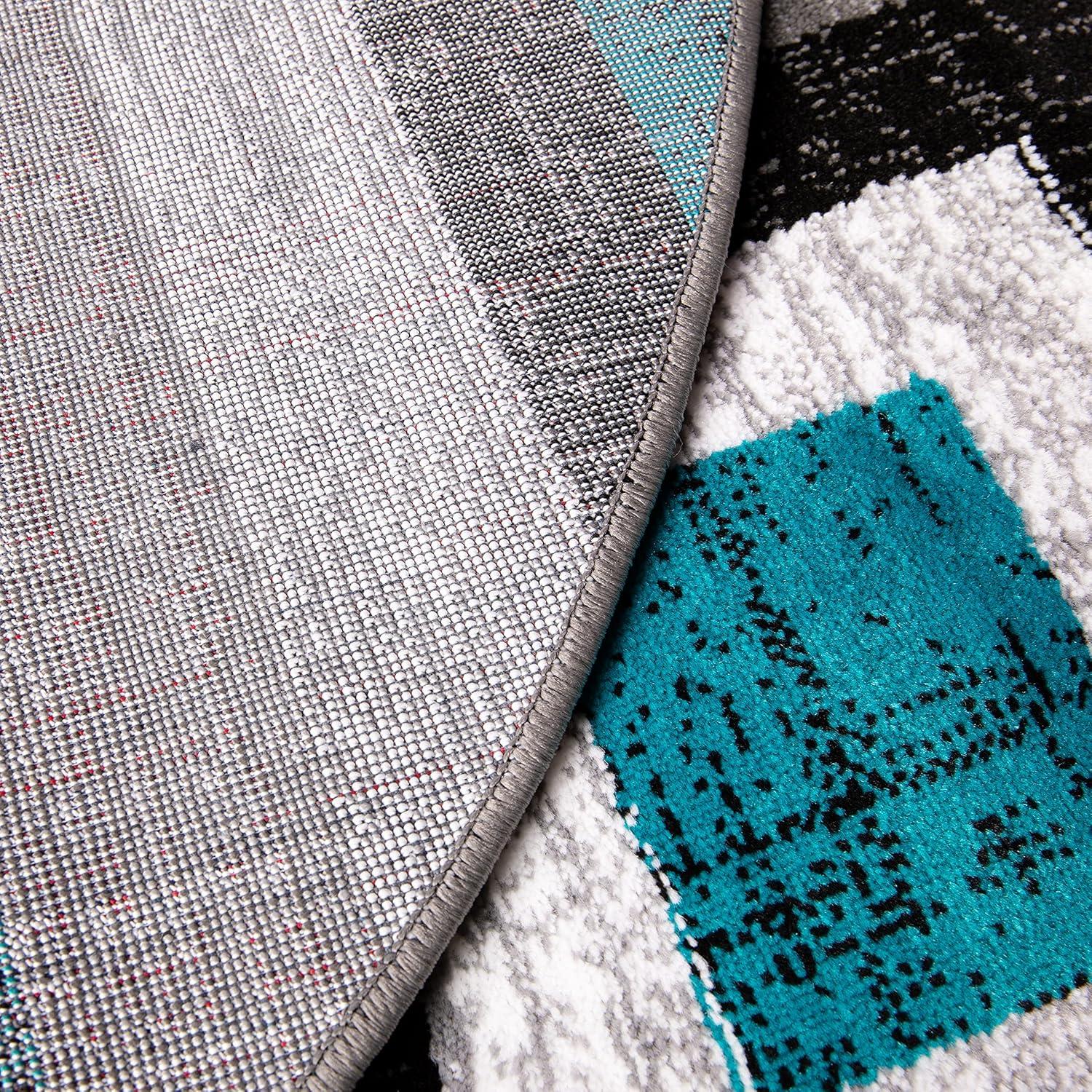 Gideon Collection Geometric 8' x 8' Turquoise, Grey, and White Round Olefin Area Rug with Cotton Backing, Living Room, Bedroom