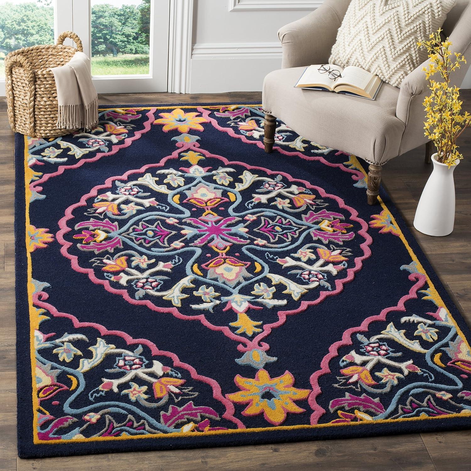 SAFAVIEH Bellagio Rio Floral Wool Area Rug, Navy Blue/Multi, 3' x 3' Square