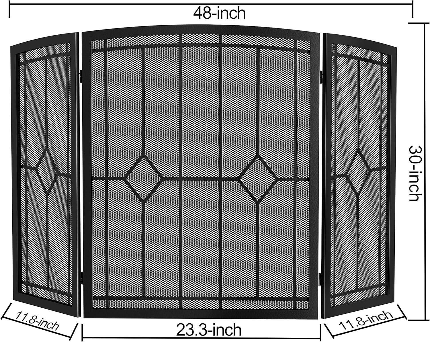 Classic Black Wrought Iron 3-Panel Fireplace Screen