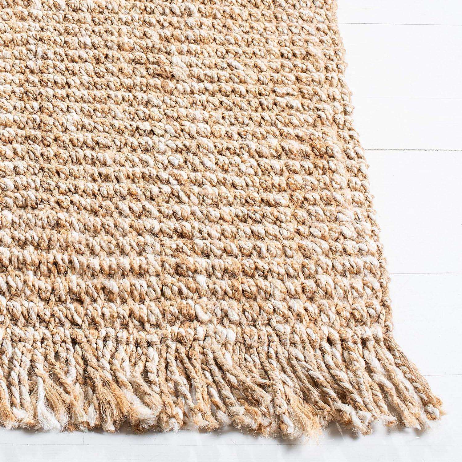 Handmade Natural Beige Jute Area Rug with Fringe