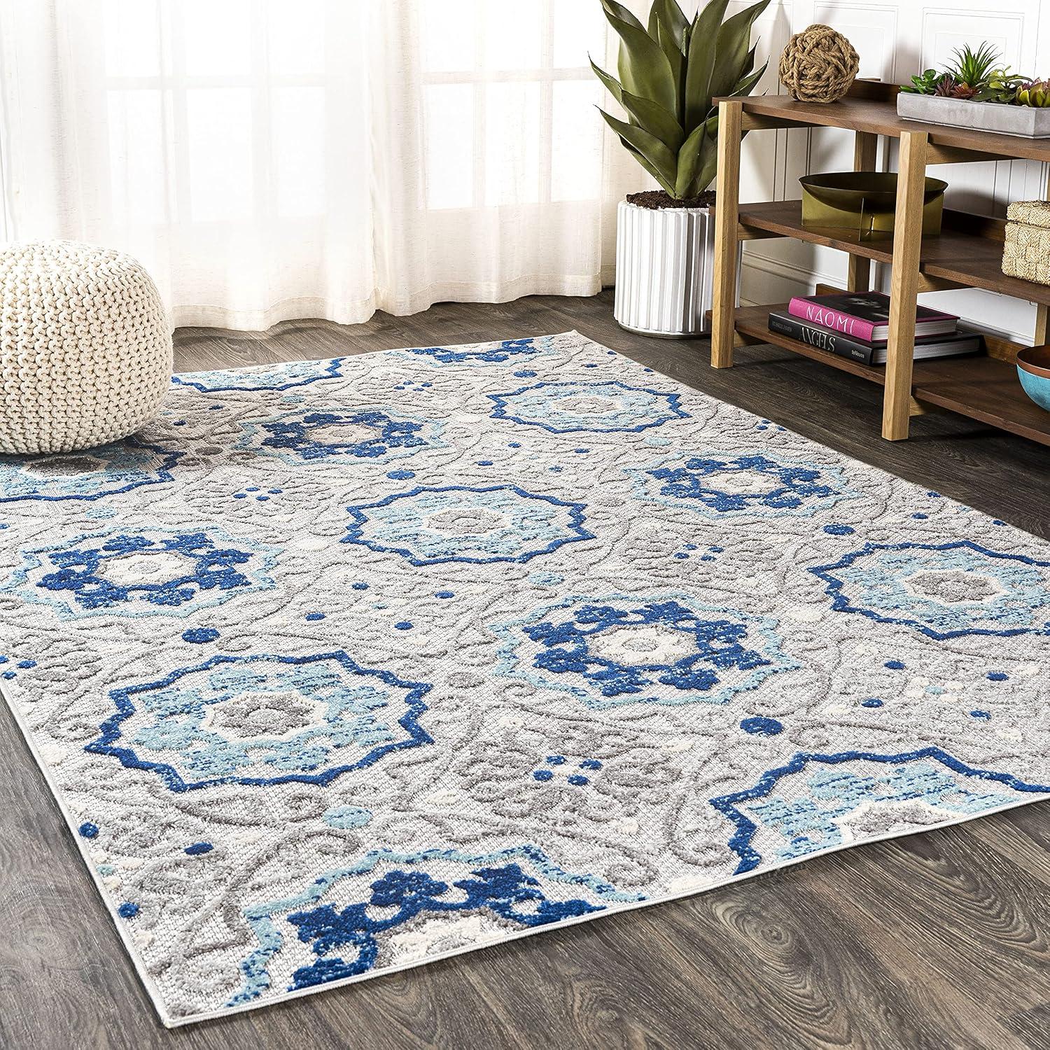 3'x5' Mediterranean Medallion Indoor/Outdoor Area Rug, Blue/Gray - JONATHAN Y