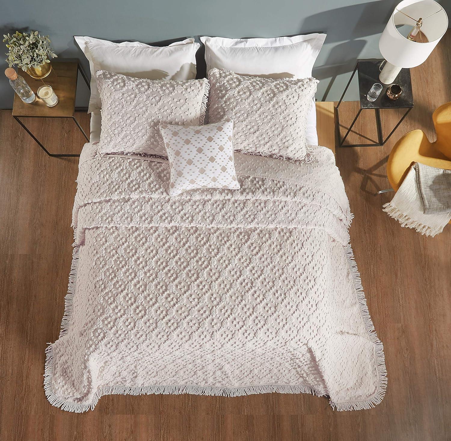Better Trends Charleston Collection 100% Cotton Bedding sets, Machine Washable Soft and Breathable 4-piece Chenille Bedspread & Sham with Geometric Embroidery, All season