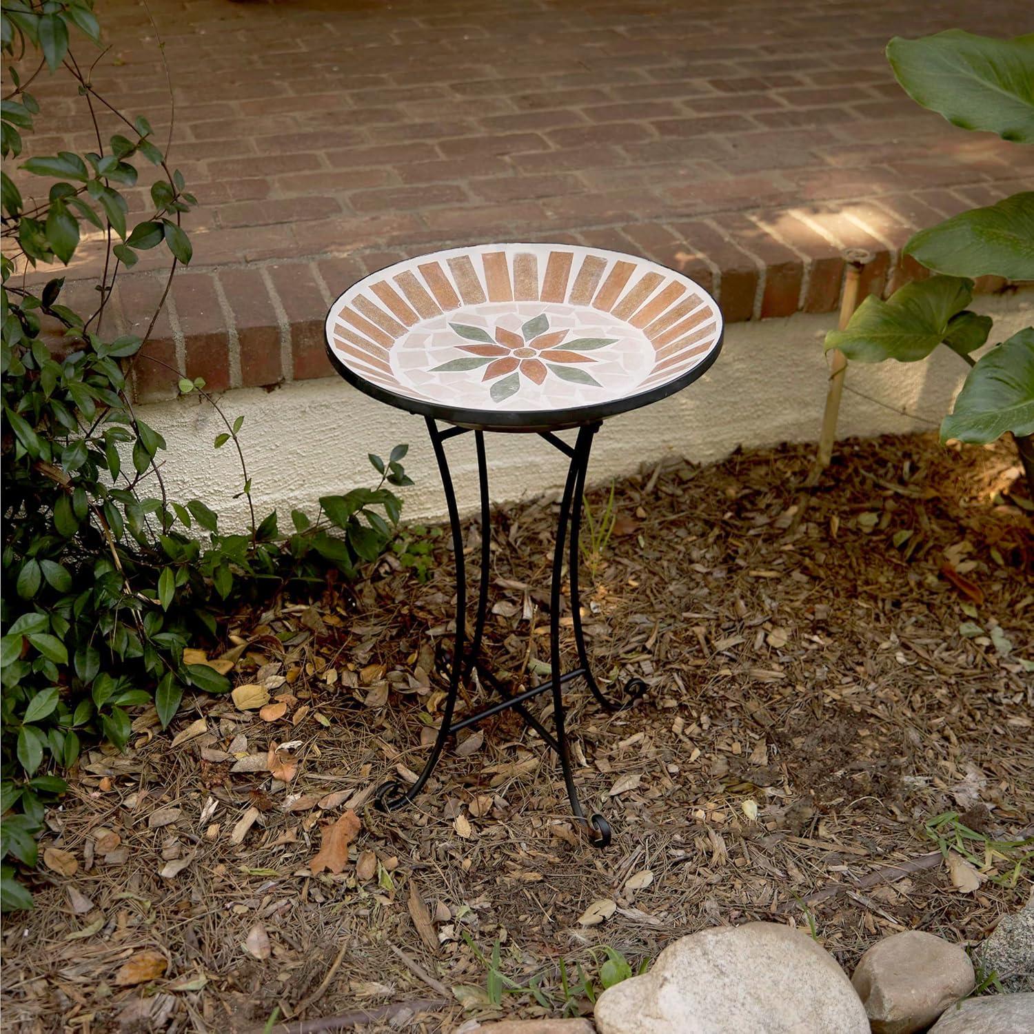 25" Tan and Beige Mosaic Glass Birdbath with Metal Stand