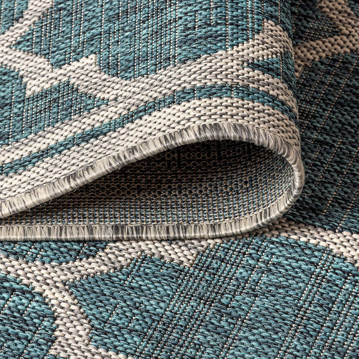 5' Square Trebol Moroccan Trellis Textured Weave Indoor/Outdoor Area Rug, Teal/Gray - JONATHAN Y