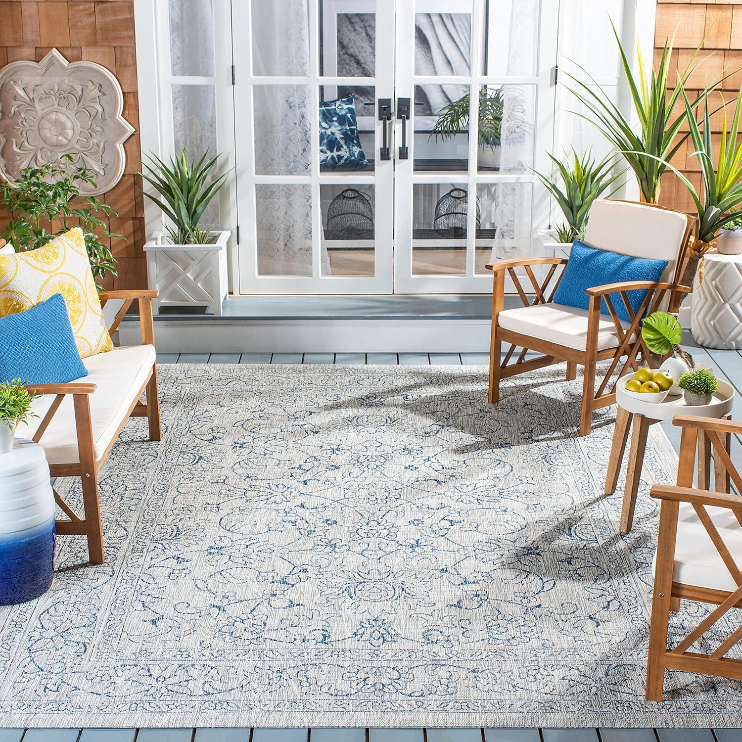 Reversible Gray/Navy Synthetic Flat Woven Indoor/Outdoor Rug