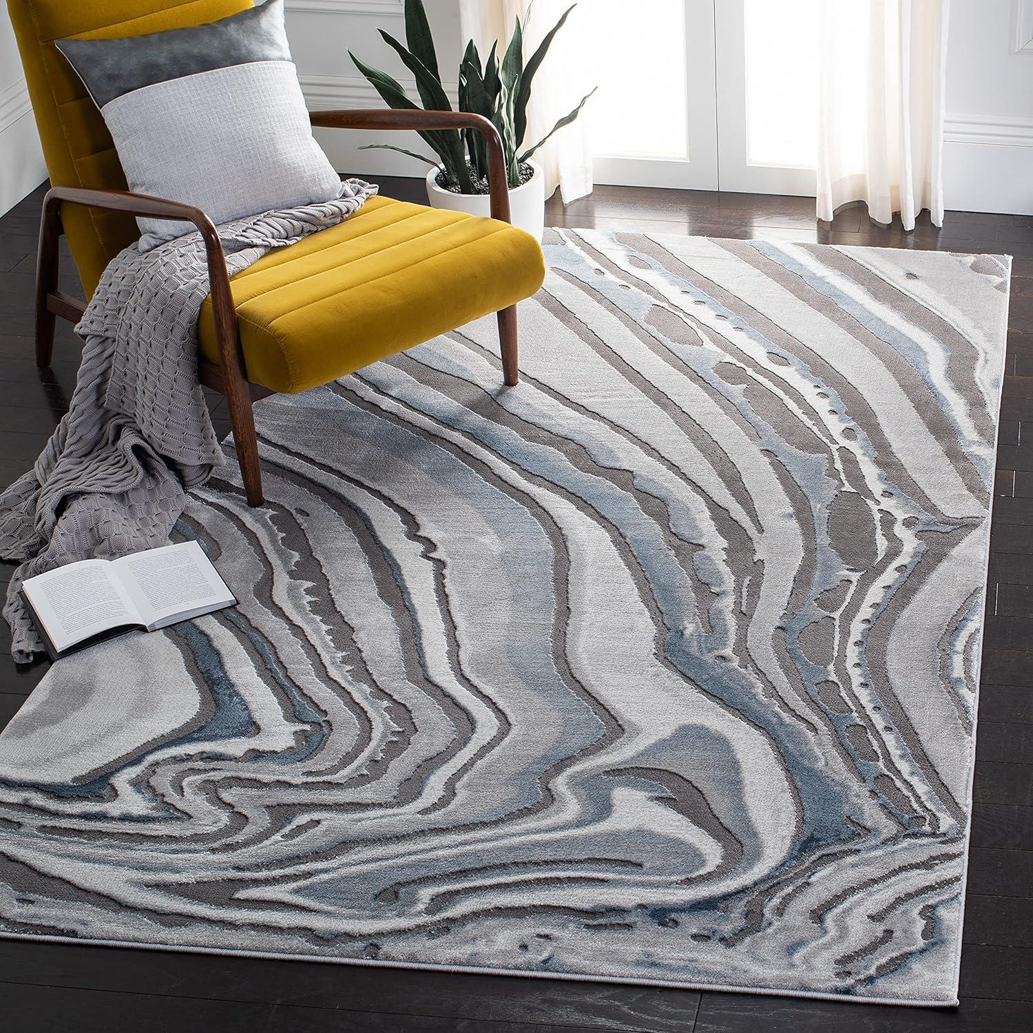 Blue and Grey Abstract Rectangular Synthetic Area Rug