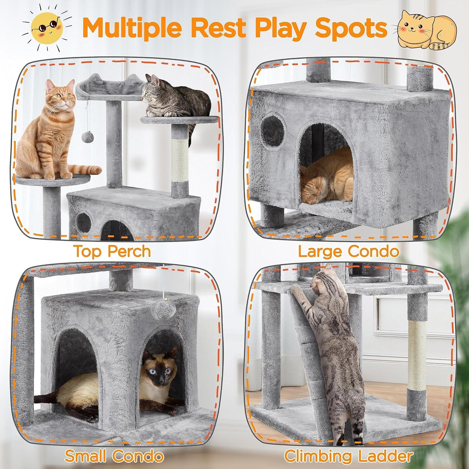 SmileMart 80″ Tall Multilevel Cat Tree with 2 Condos & 3 Scratching Posts for Kittens, Light Gray