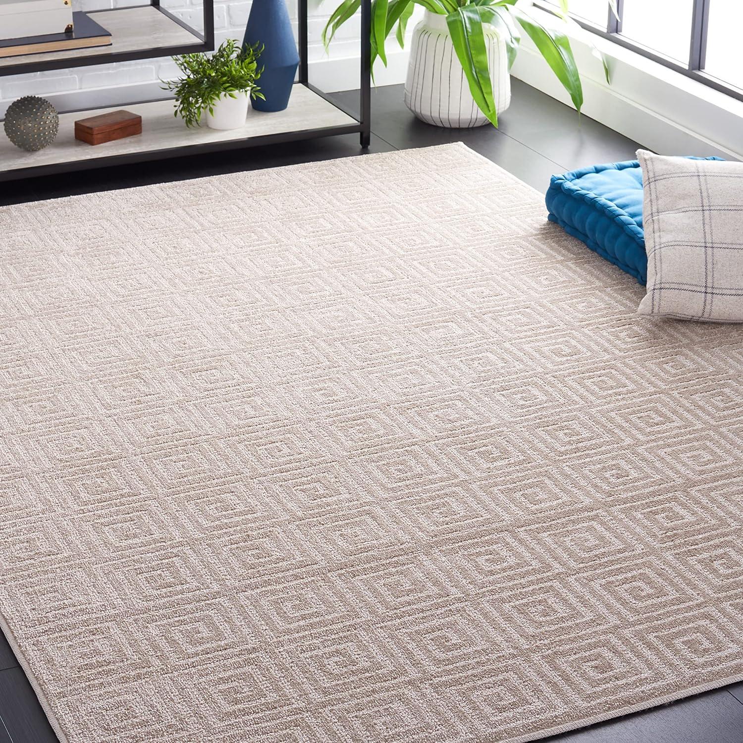 Beige Geometric Non-Slip Synthetic Area Rug 6'7" x 9'