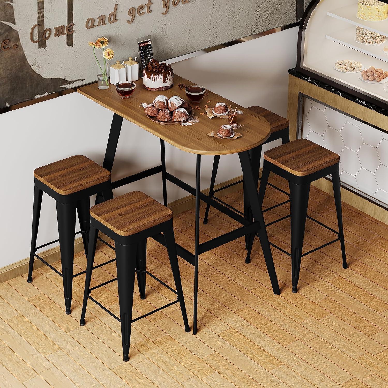 Set of 4 Black Metal and Wood Counter Stools