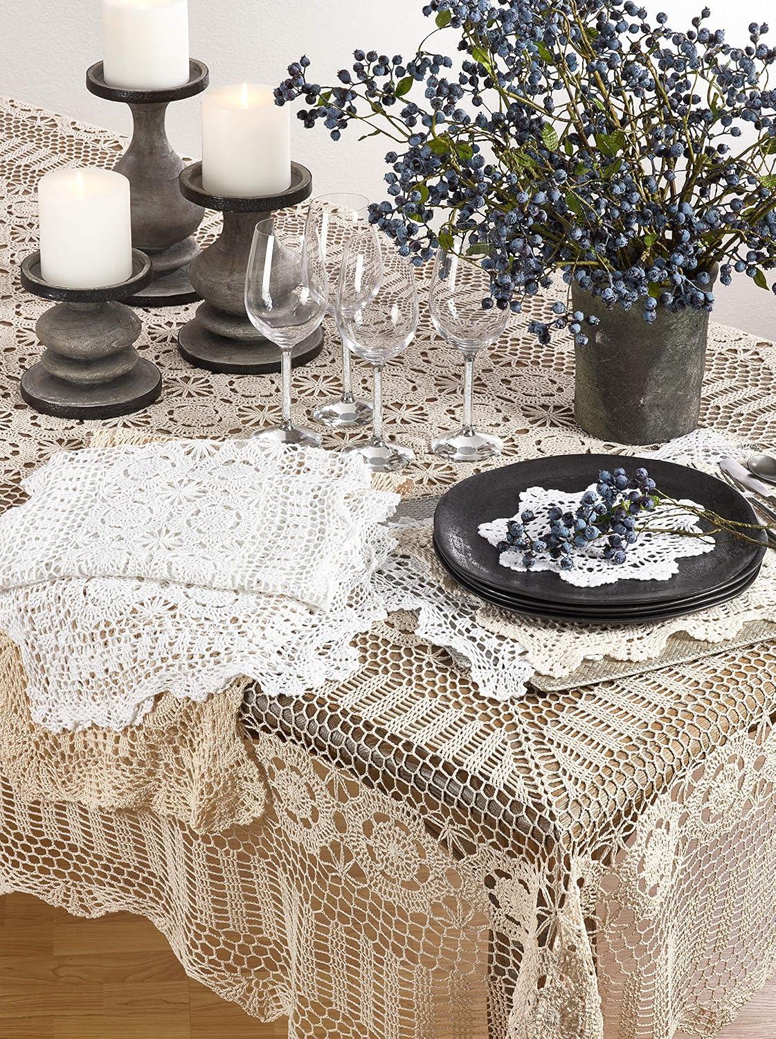 Handmade White Crochet Cotton Lace Tablecloth, 54-Inch Square