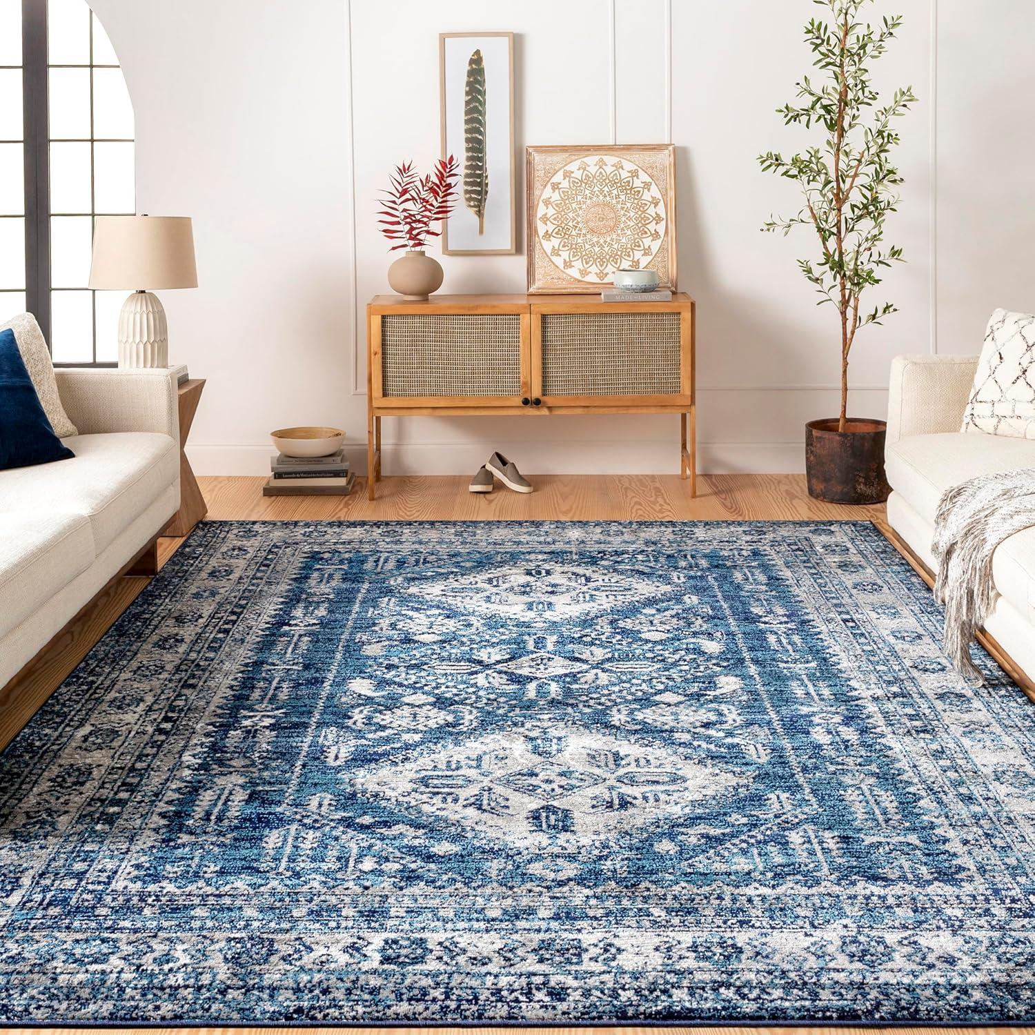 Navy Rectangular Synthetic Stain-Resistant Area Rug, 6'11" x 9'