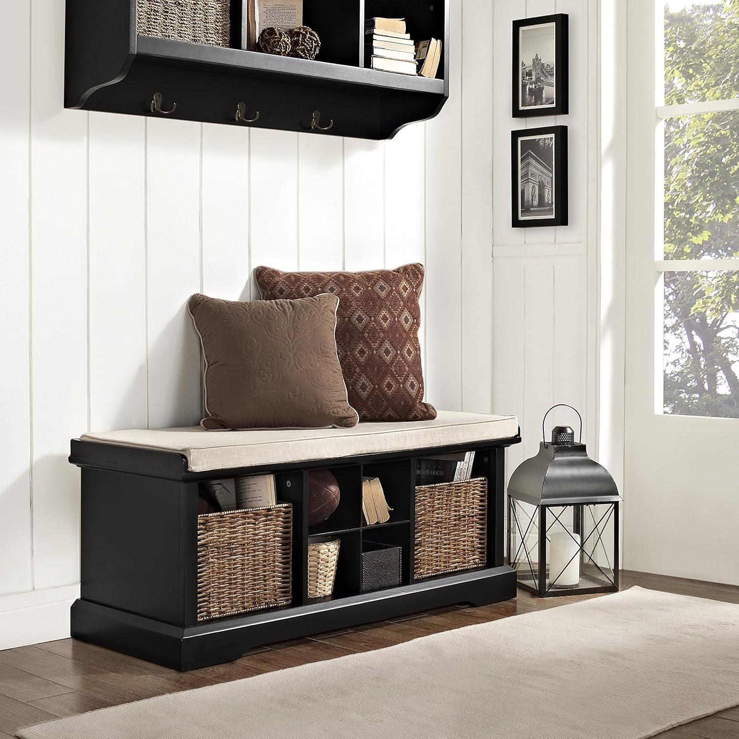 Elegant Brennan Black Entryway Bench with Wicker Storage Baskets