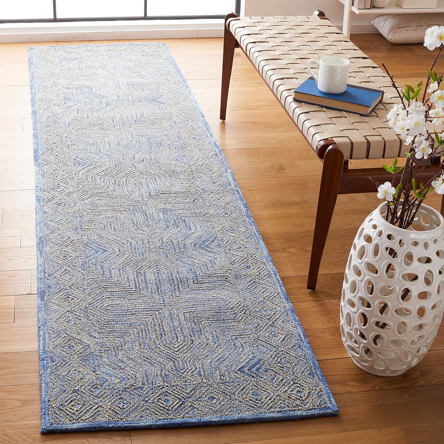 Blue Wool Hand-Tufted Runner Rug 2'3" x 9'