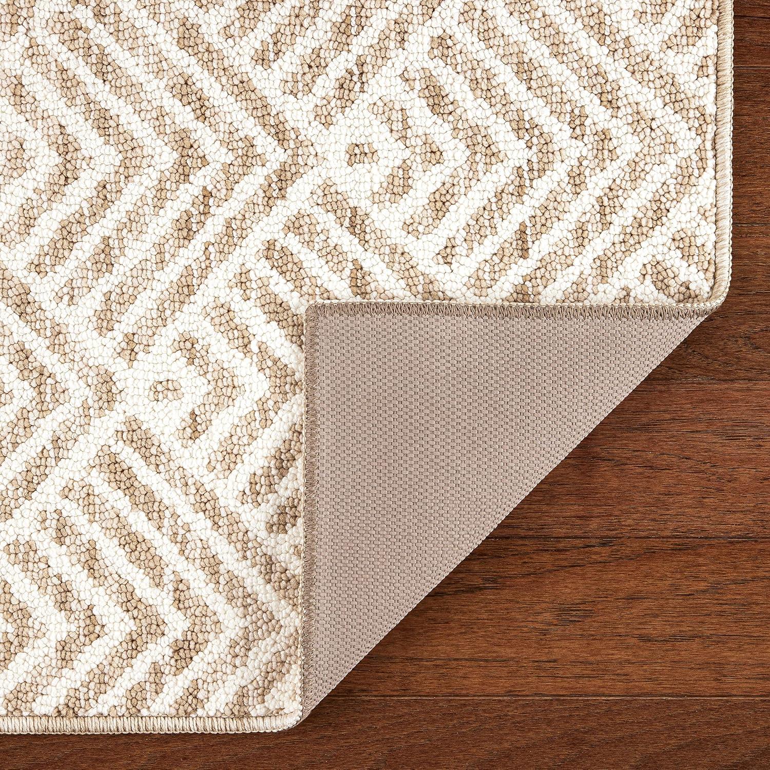 Beige Tufted Stripe Washable Polyester Runner Rug 24"x72"