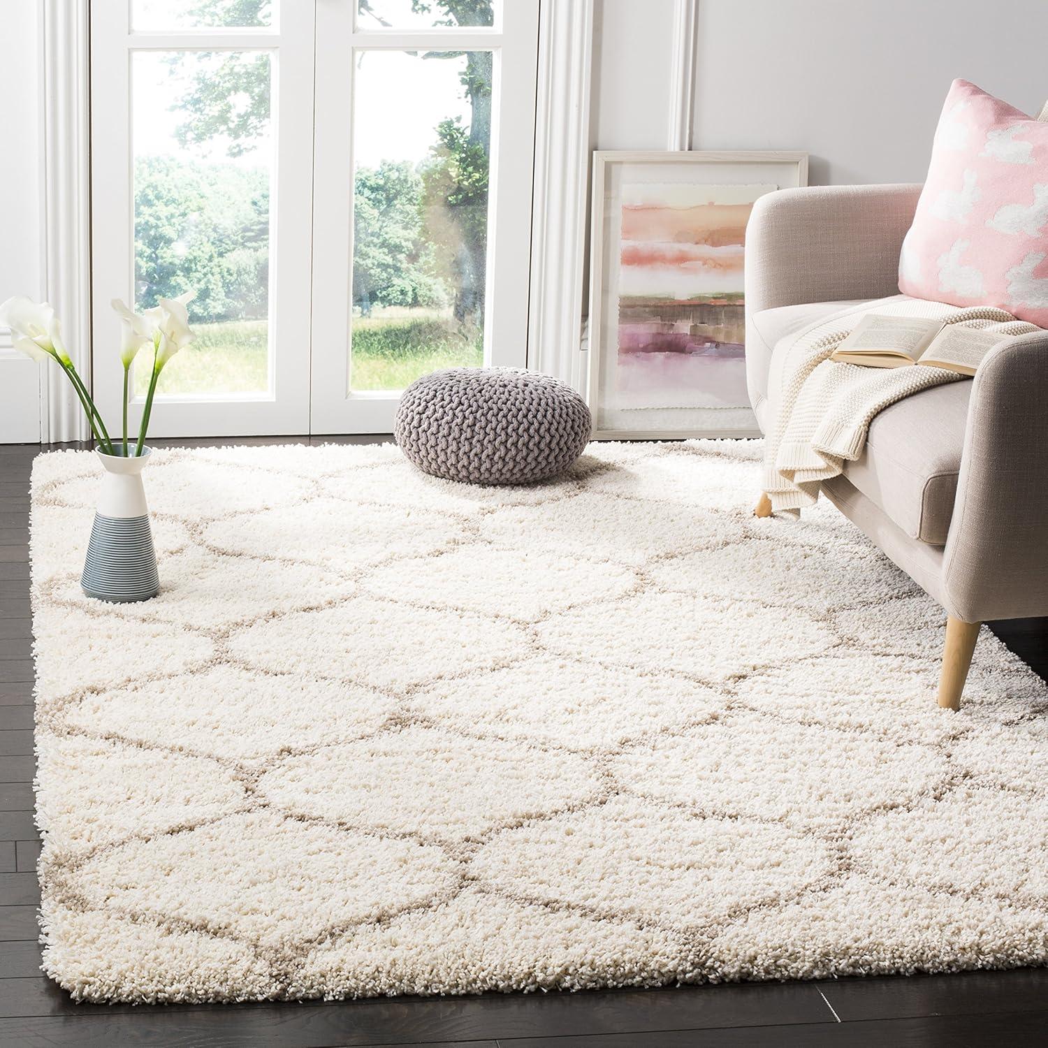 Ivory and Beige Trellis Shag Area Rug 5'3" x 7'6"