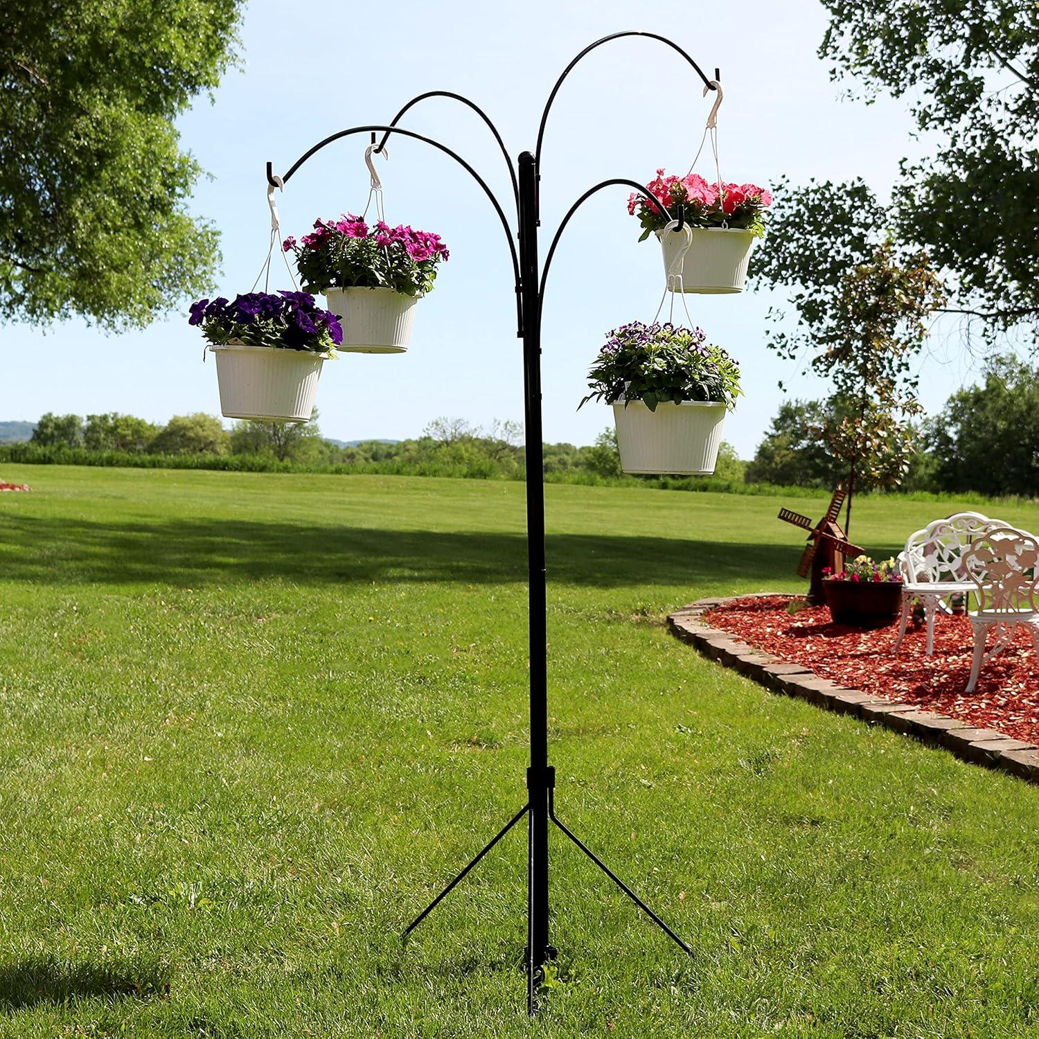 Sunnydaze 4-Arm Garden Hanging Basket Flower Plant Stand with Adjustable Arms - 84" - Black