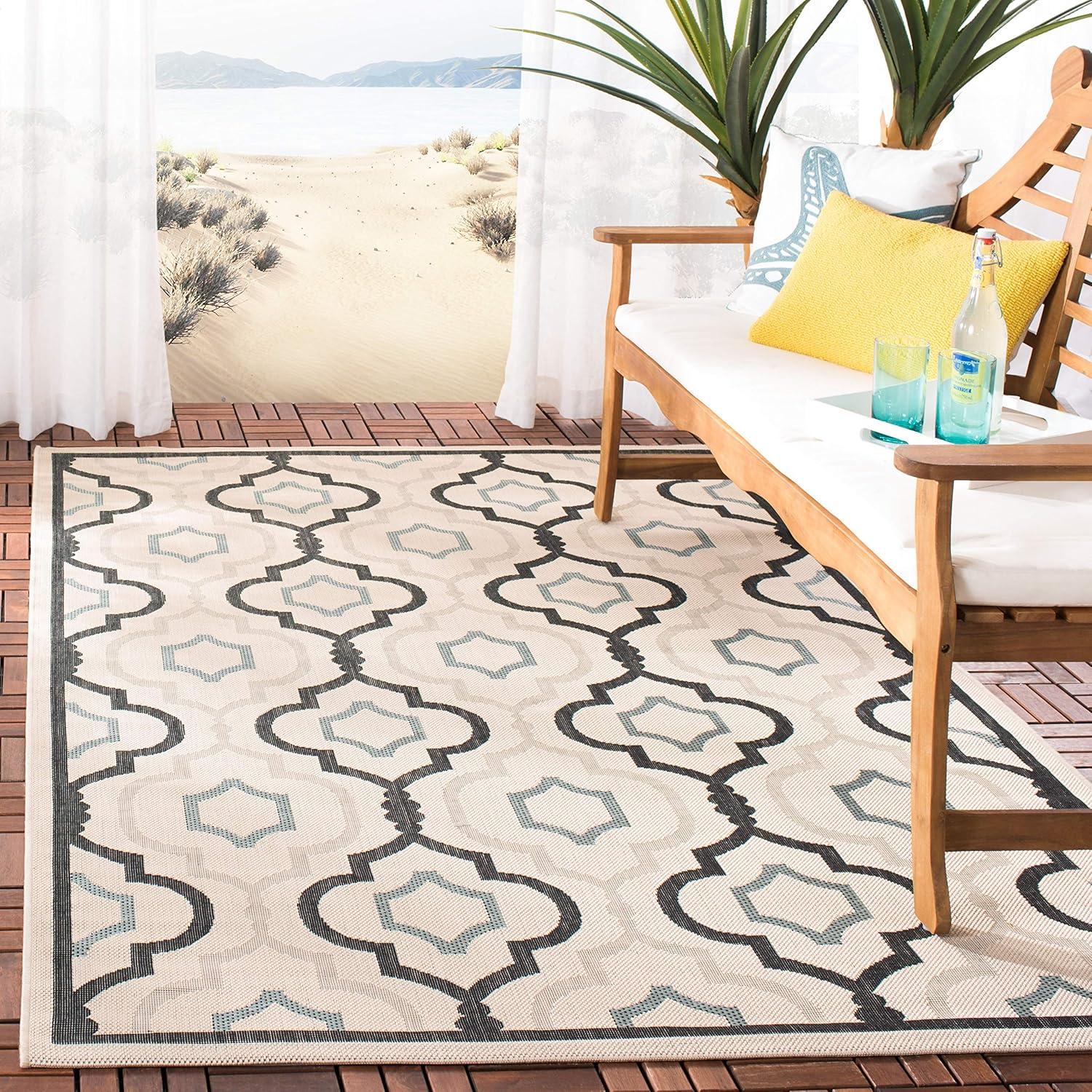 Courtyard CY7938 Power Loomed Indoor and Outdoor Area Rug - Ivory/Black - 7'10"x7'10" - Safavieh