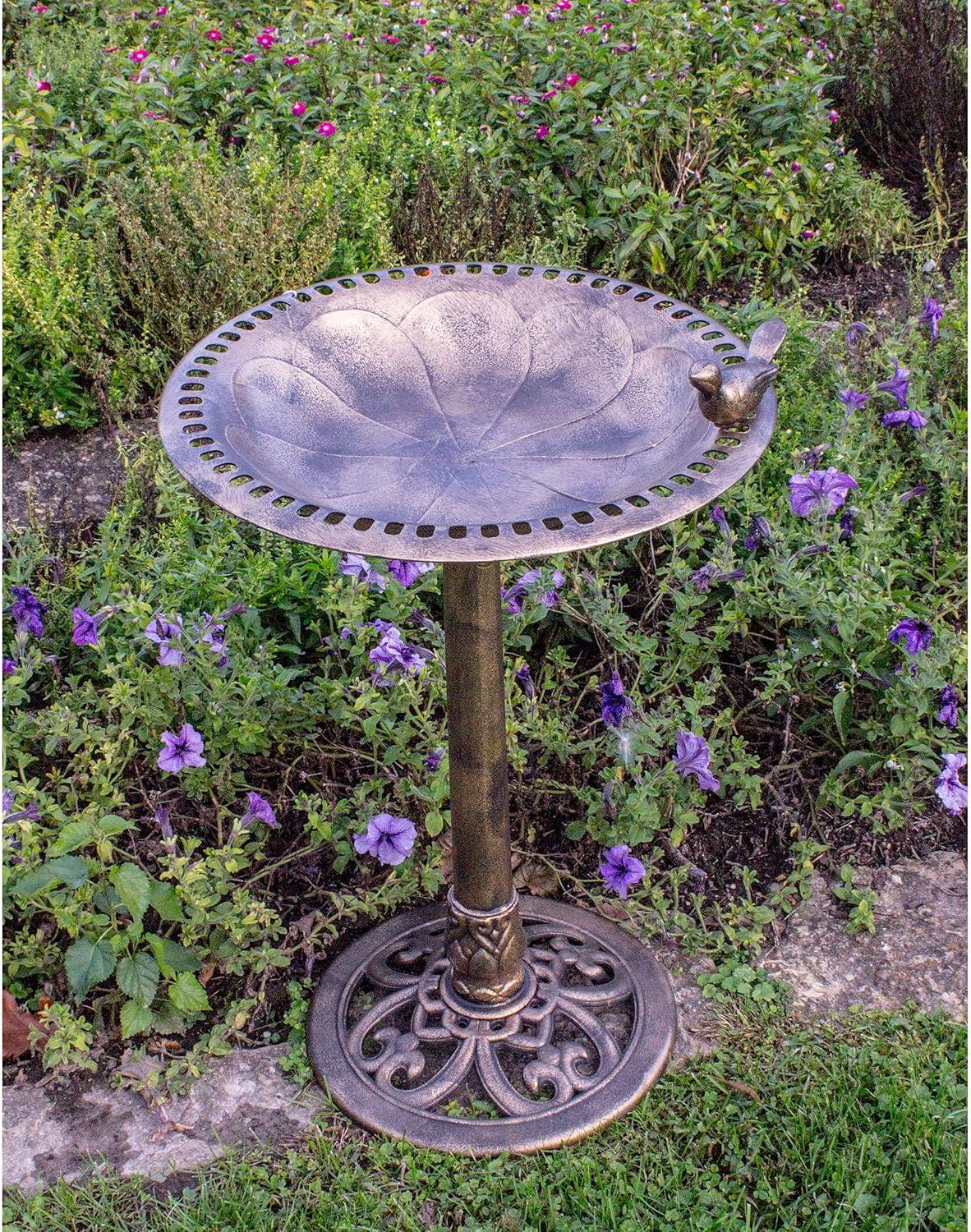 Antiqued Bronze Resin Bird Bath with Decorative Bird Attachment