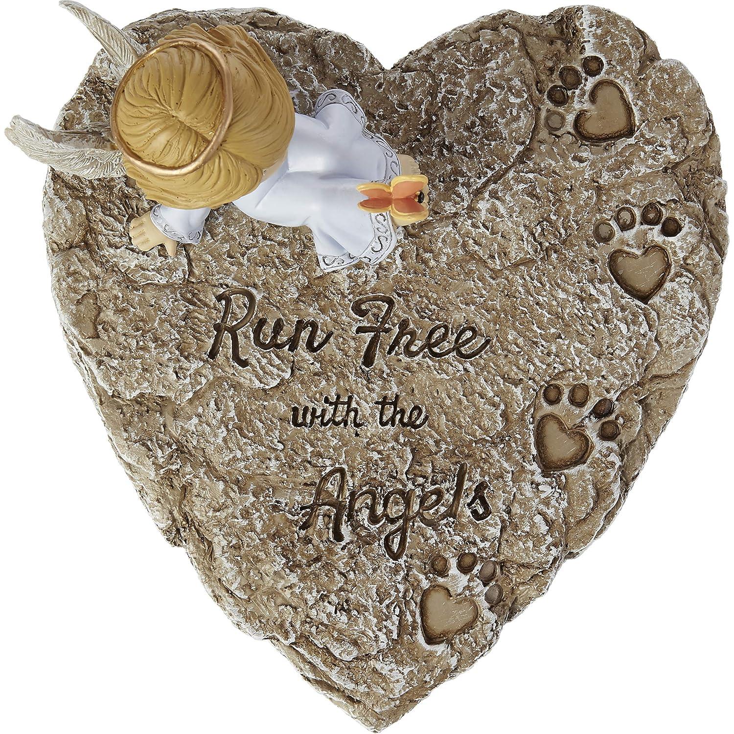 Garden Stone-Angel On Heart Shaped Stone With Paw Prints