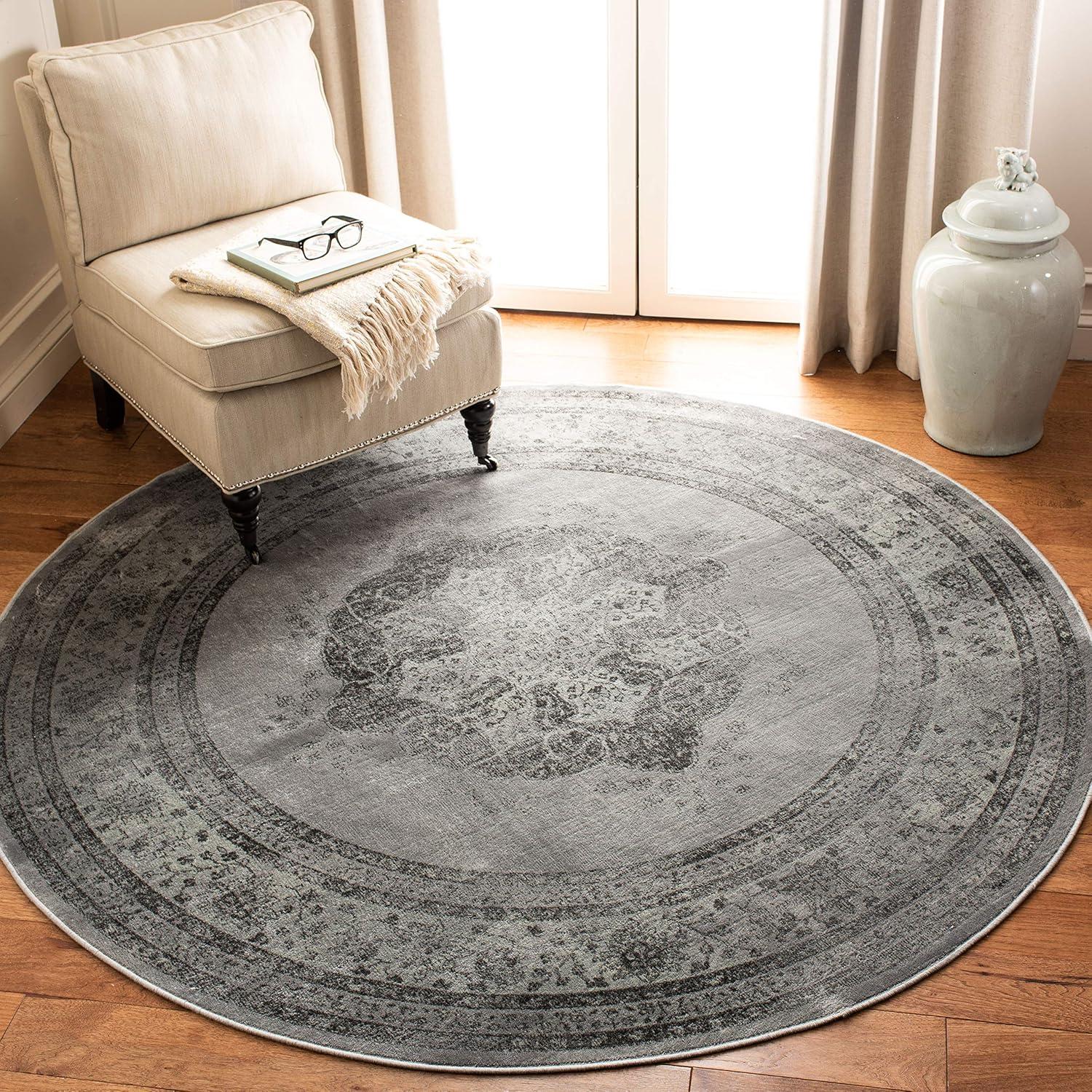 Vintage Grey and Multicolor Round Viscose Area Rug, 8'