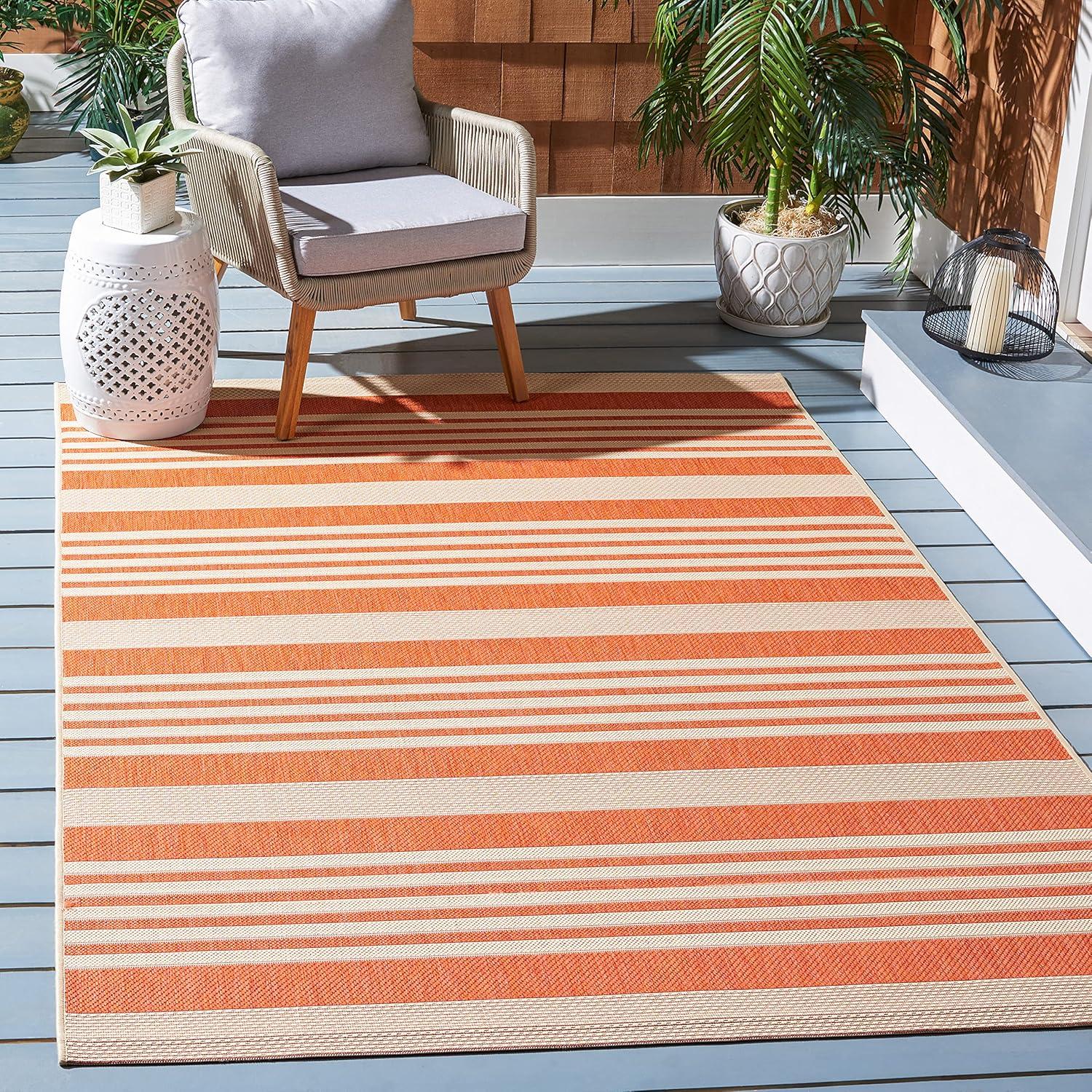 Terracotta & Beige Stripe 5' x 7' Easy-Care Synthetic Area Rug