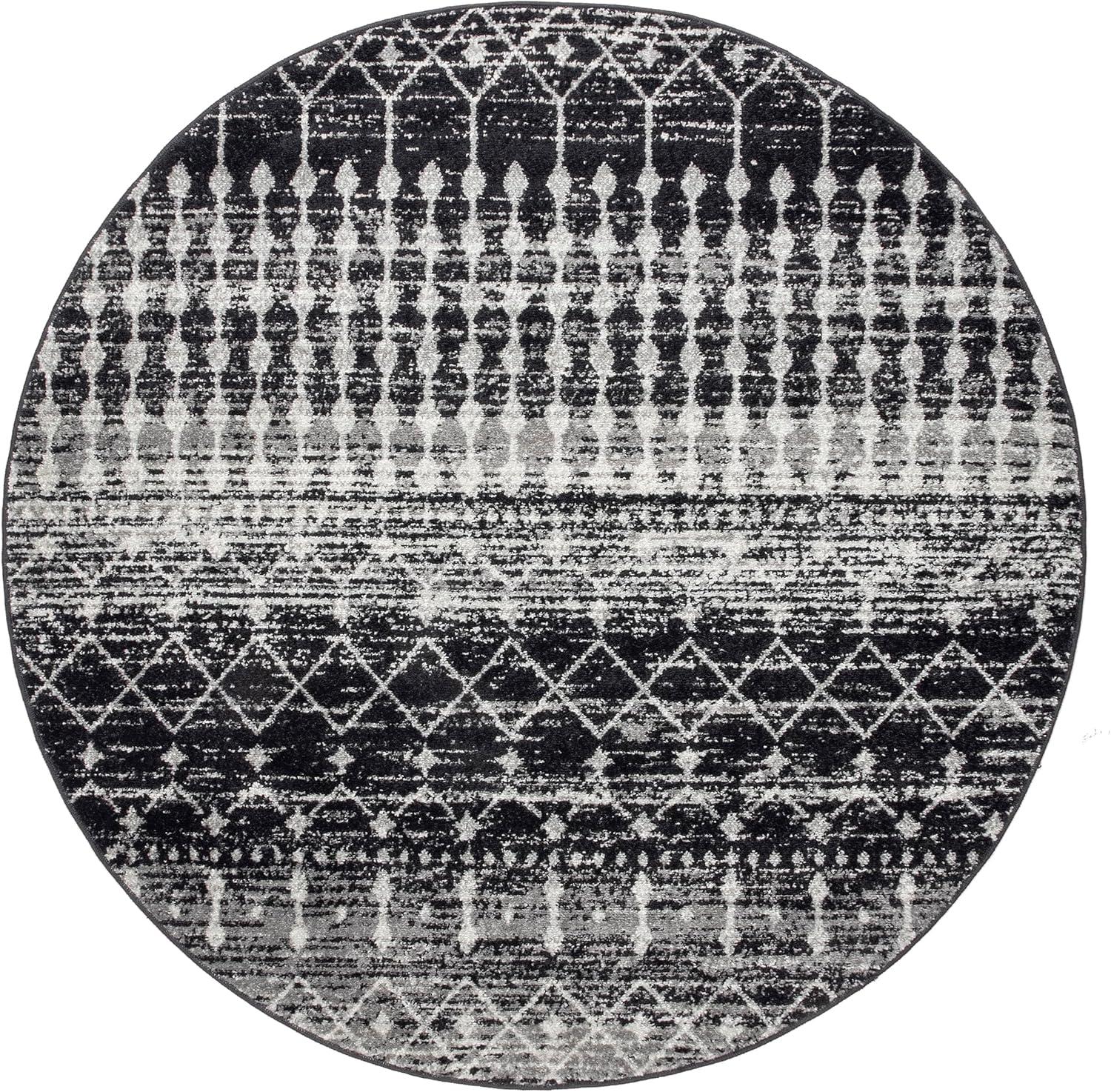 Handmade 8' Round Black Synthetic Geometric Area Rug