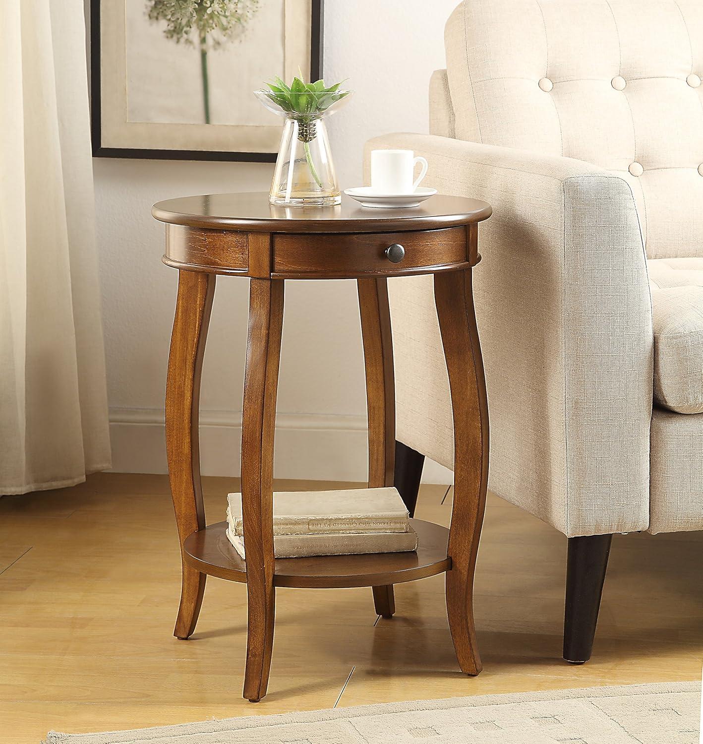 Walnut Round Wood End Table with Storage Drawer